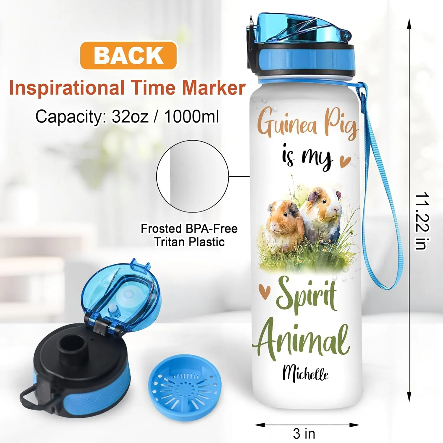 Hyturtle Personalized Guinea Pig 32Oz Liter Motivational Water Bottle, Guinea Pig Is My Spirit Animal Customized Name Water Bottle With Time Marker Gift For Women Girl On Birthday, Mother Day's