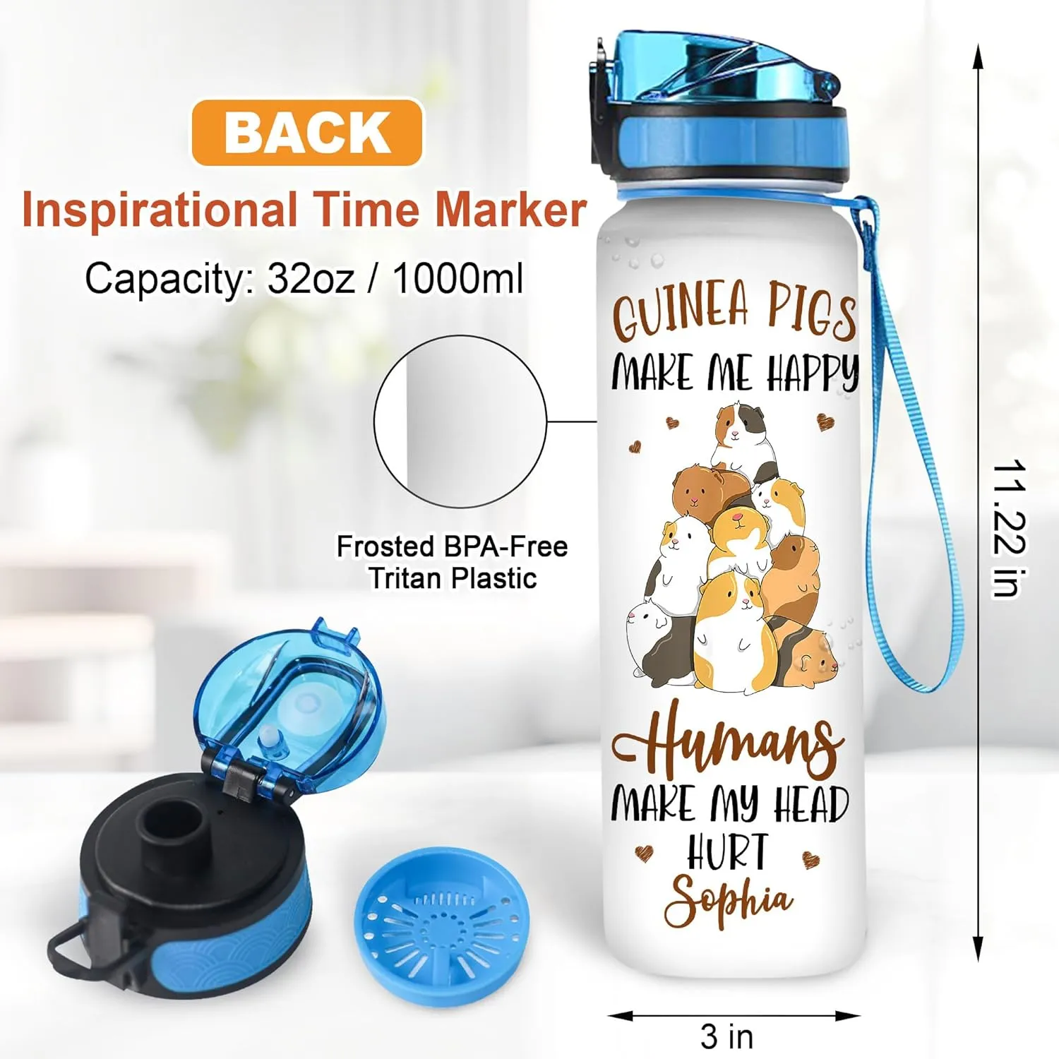 Hyturtle Personalized Guinea Pig 32Oz Liter Motivational Water Bottle, Guinea Pigs Make Me Happy Customized Name Water Bottle With Time Marker Gift For Women Girl On Birthday, Mother Day's
