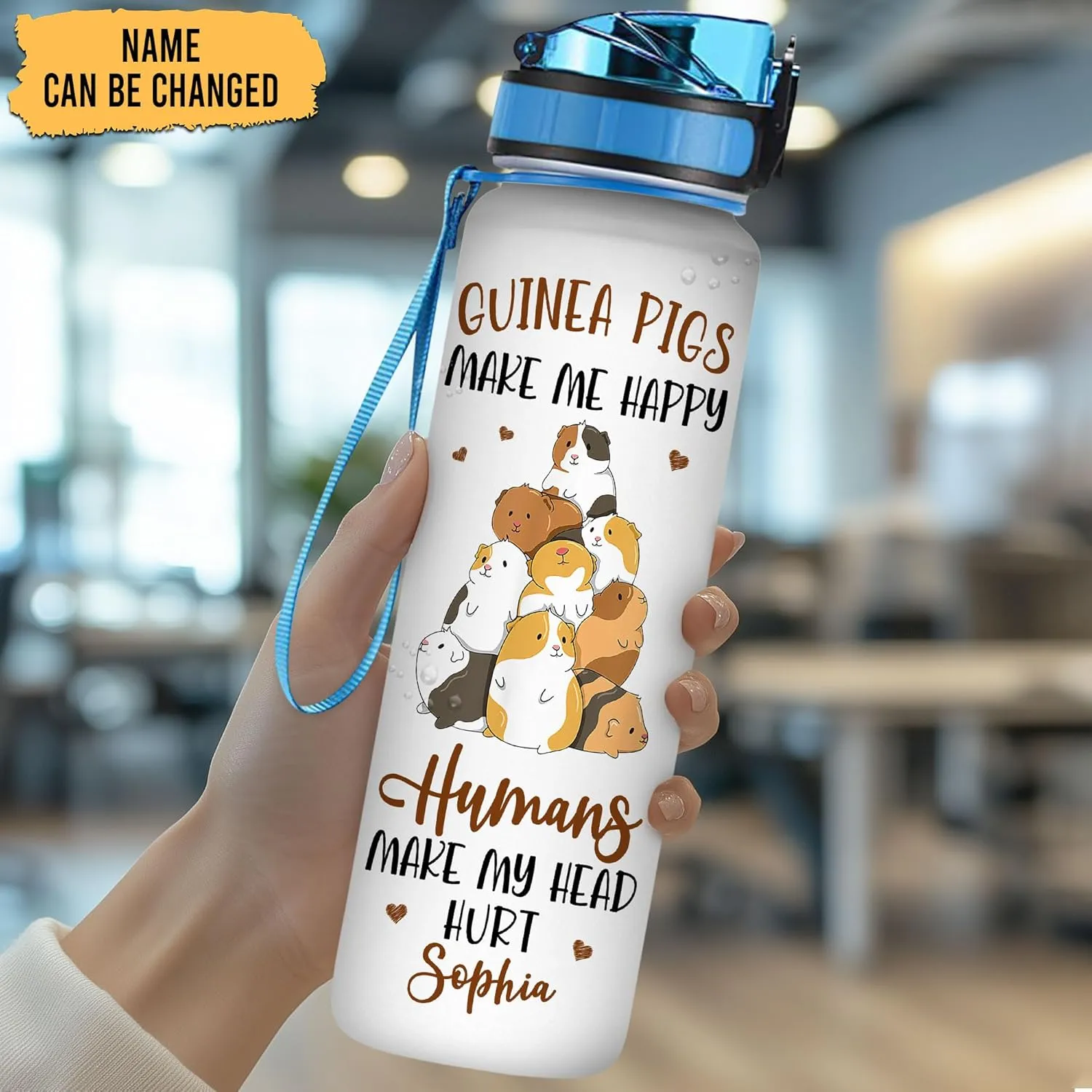 Hyturtle Personalized Guinea Pig 32Oz Liter Motivational Water Bottle, Guinea Pigs Make Me Happy Customized Name Water Bottle With Time Marker Gift For Women Girl On Birthday, Mother Day's