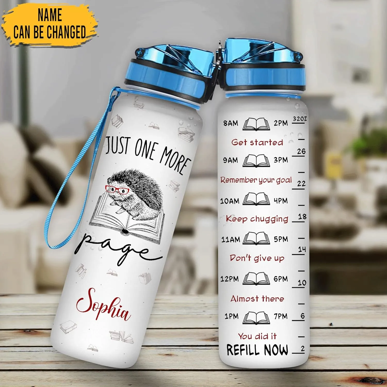 Hyturtle Personalized Hedgehog Lovers 32 Oz 1Liter Motivational Water Bottle, Just One More Page Custom Name Water Bottle With Time Marker, Gifts For Women Girl On Birthday, Christmas