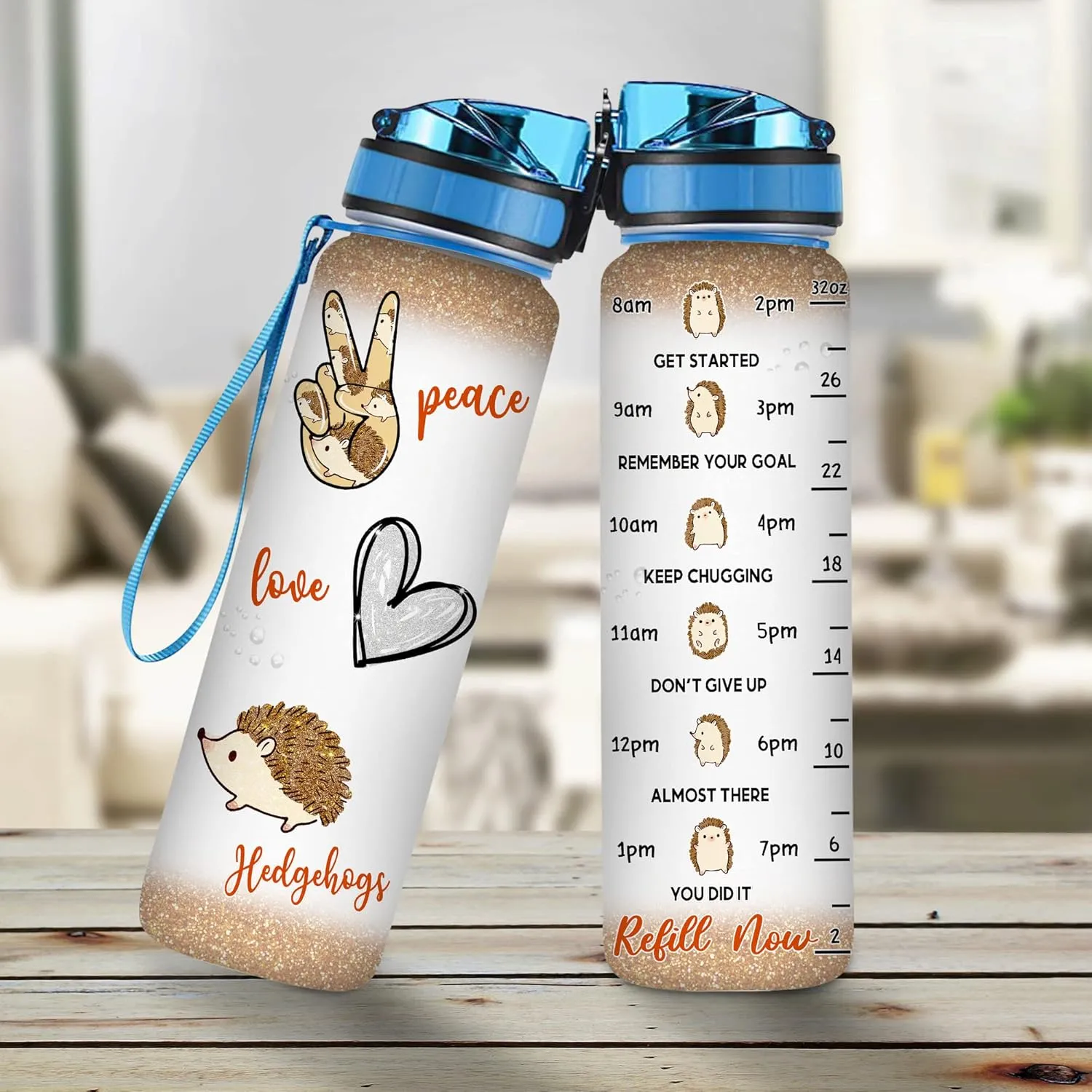 Hyturtle Personalized Hedgehog Lovers 32 Oz 1Liter Motivational Water Bottle, Peace Love Hedgehogs Custom Water Bottle With Time Marker, Gifts For Women Girl On Birthday, Christmas