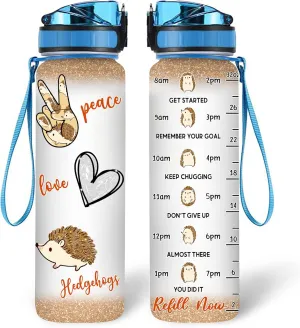 Hyturtle Personalized Hedgehog Lovers 32 Oz 1Liter Motivational Water Bottle, Peace Love Hedgehogs Custom Water Bottle With Time Marker, Gifts For Women Girl On Birthday, Christmas