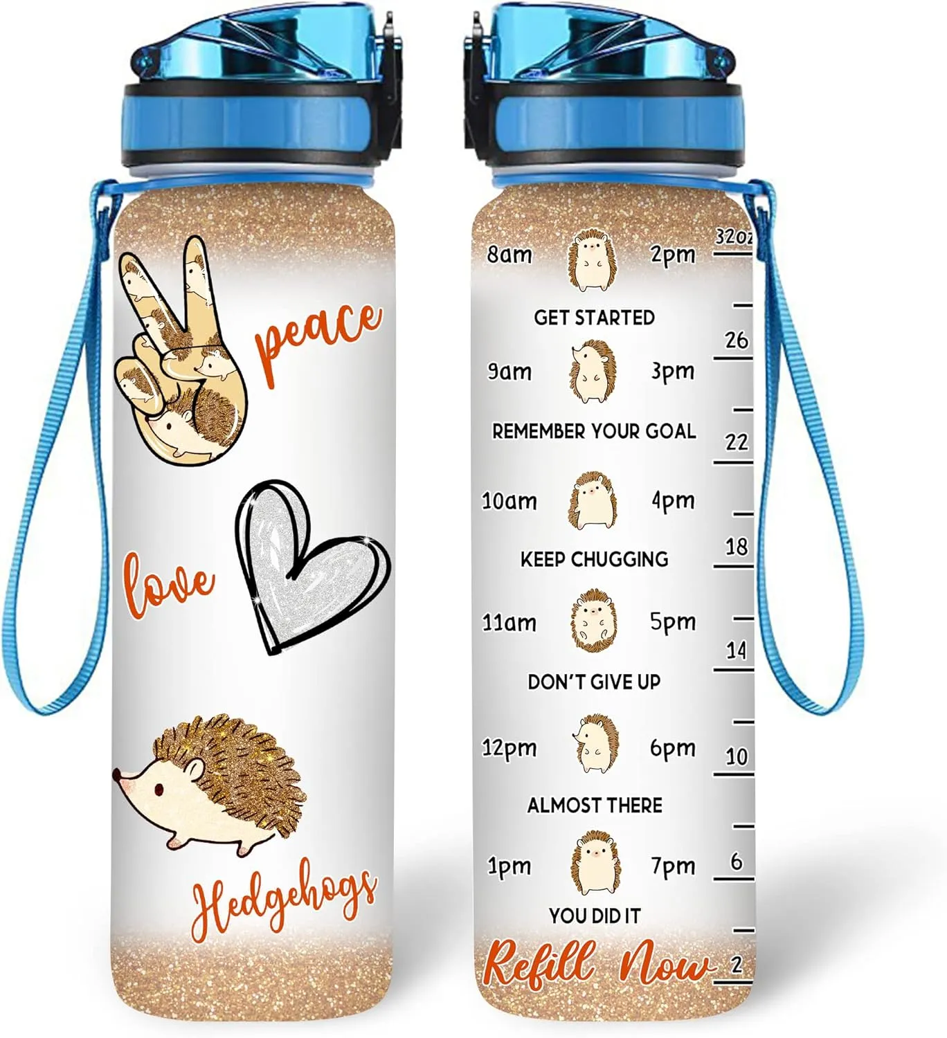 Hyturtle Personalized Hedgehog Lovers 32 Oz 1Liter Motivational Water Bottle, Peace Love Hedgehogs Custom Water Bottle With Time Marker, Gifts For Women Girl On Birthday, Christmas