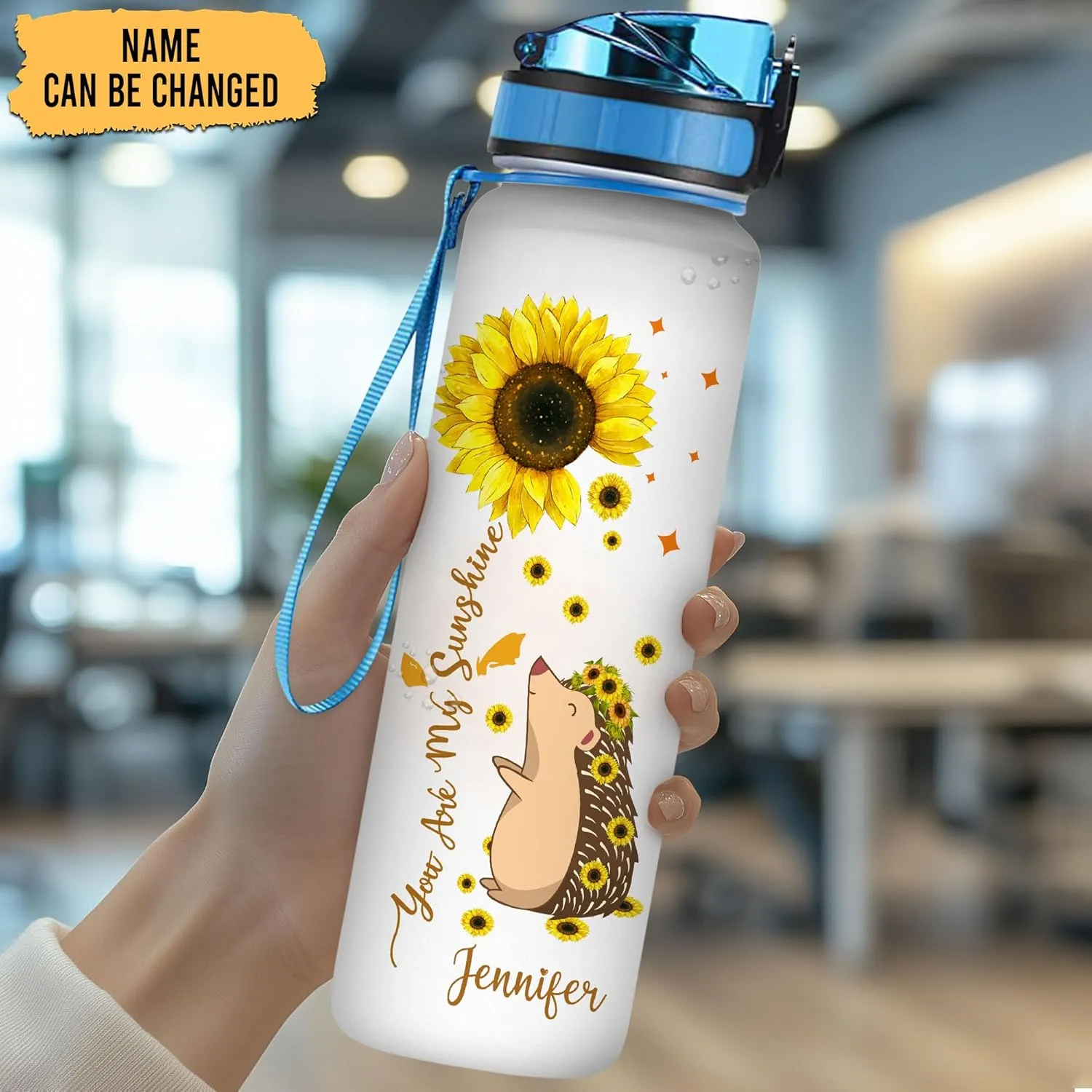 Hyturtle Personalized Hedgehog Lovers 32 Oz 1Liter Motivational Water Bottle, You Are My Sunshine Hedgehog Custom Name Water Bottle With Time Marker, Gifts For Women Girl On Birthday, Christmas