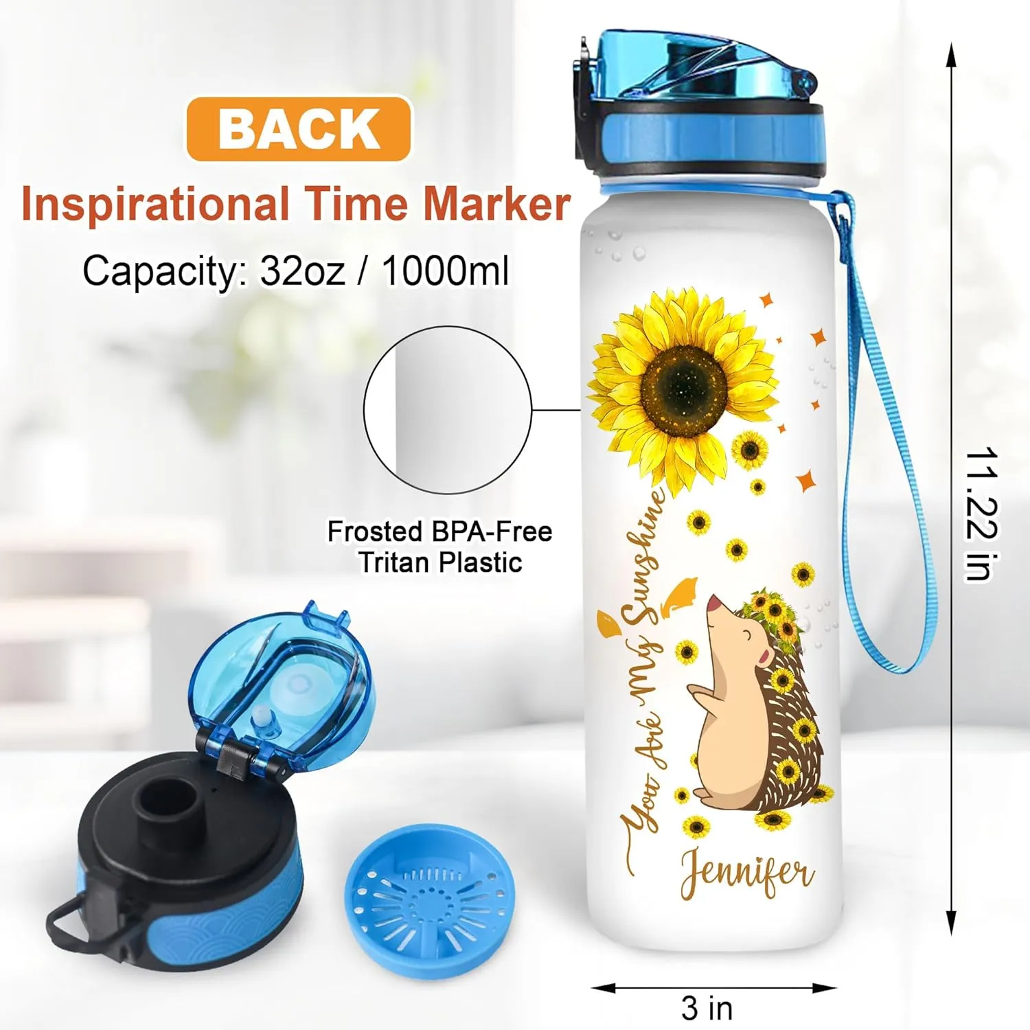 Hyturtle Personalized Hedgehog Lovers 32 Oz 1Liter Motivational Water Bottle, You Are My Sunshine Hedgehog Custom Name Water Bottle With Time Marker, Gifts For Women Girl On Birthday, Christmas