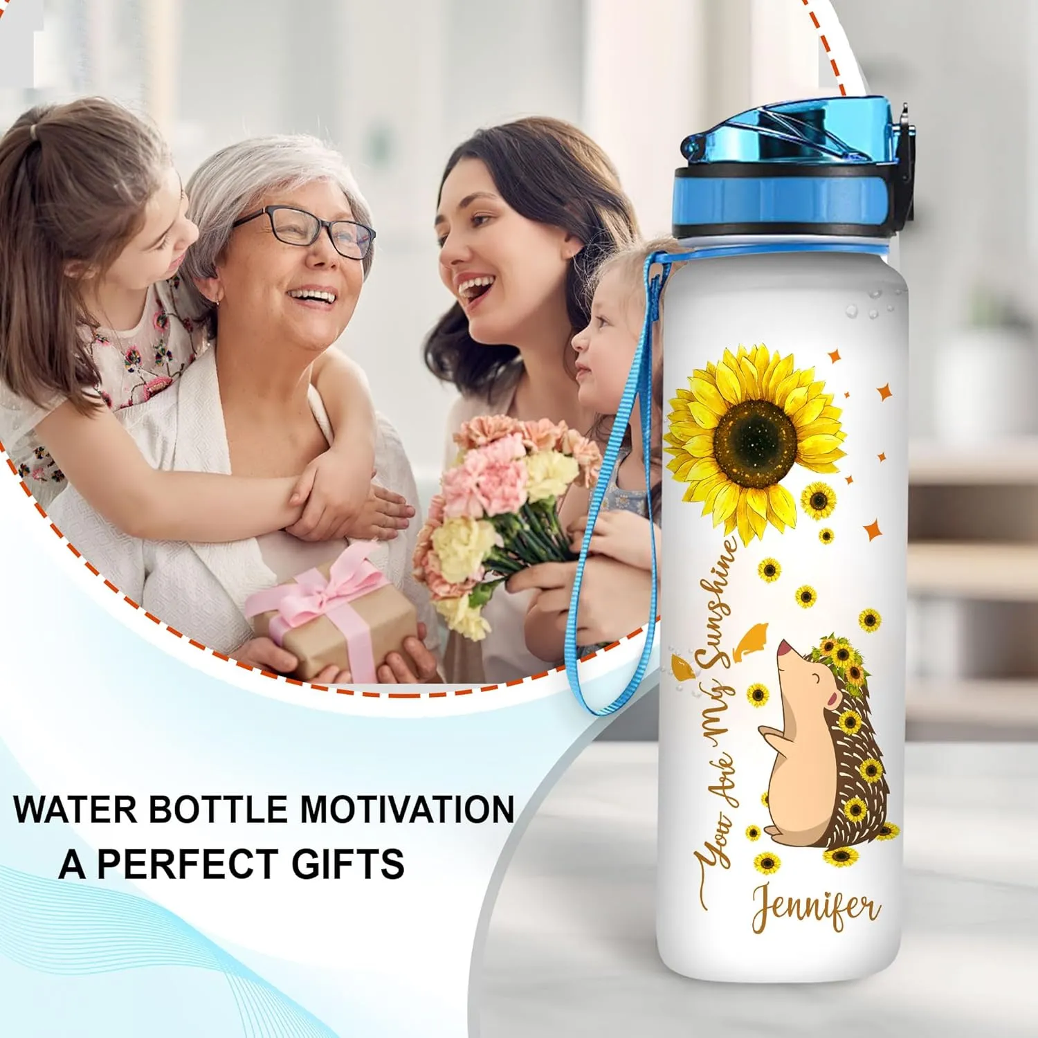 Hyturtle Personalized Hedgehog Lovers 32 Oz 1Liter Motivational Water Bottle, You Are My Sunshine Hedgehog Custom Name Water Bottle With Time Marker, Gifts For Women Girl On Birthday, Christmas