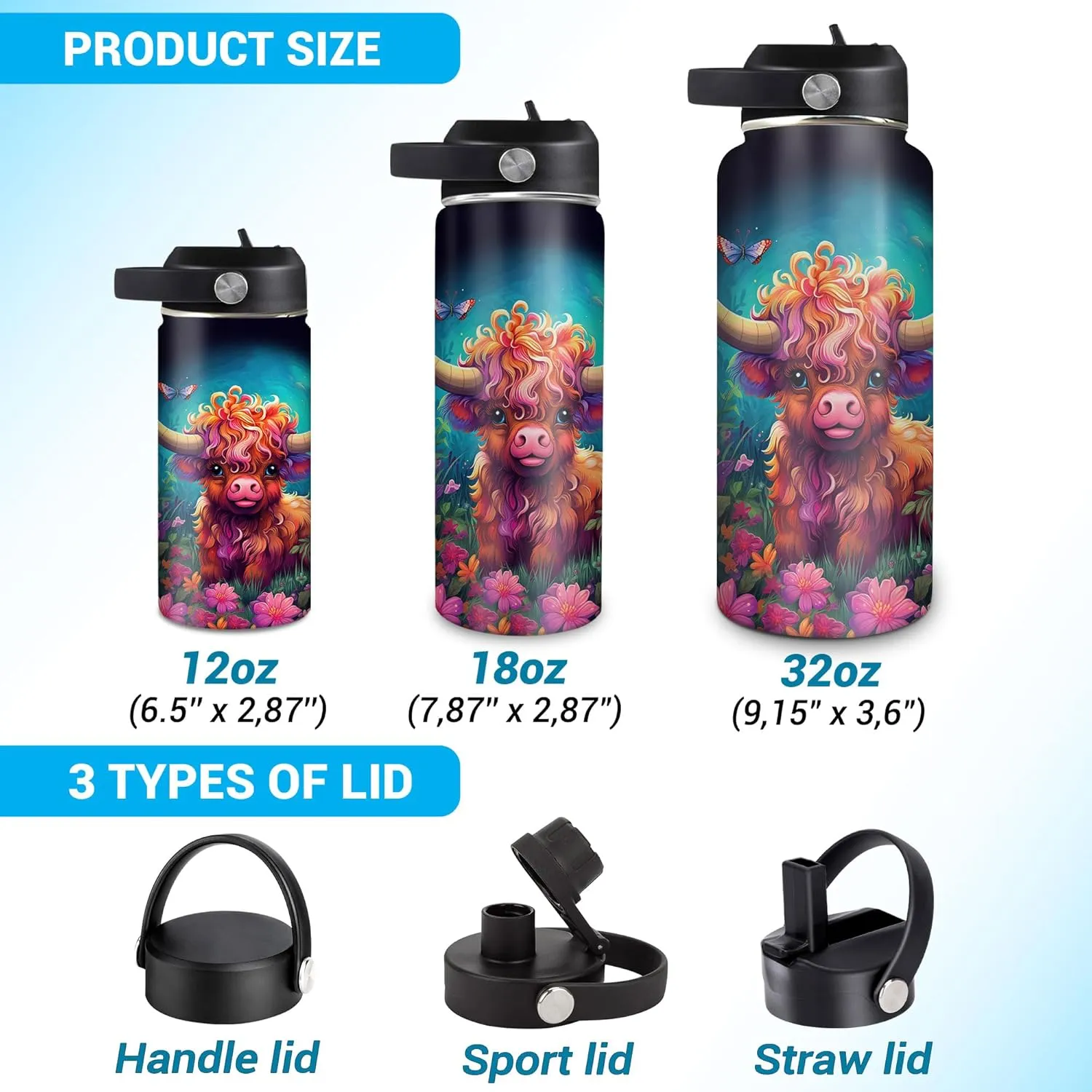 Hyturtle Personalized Highland Cow Water Bottle - Insulated Stainless Steel Bottle with Leak-Proof Lid 18oz 32oz - Highland Cow Gift for Women, Girls, Highland Cow Lovers - Birthday & Christmas Gift