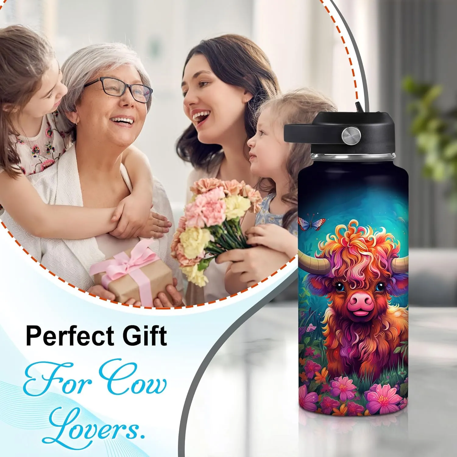 Hyturtle Personalized Highland Cow Water Bottle - Insulated Stainless Steel Bottle with Leak-Proof Lid 18oz 32oz - Highland Cow Gift for Women, Girls, Highland Cow Lovers - Birthday & Christmas Gift