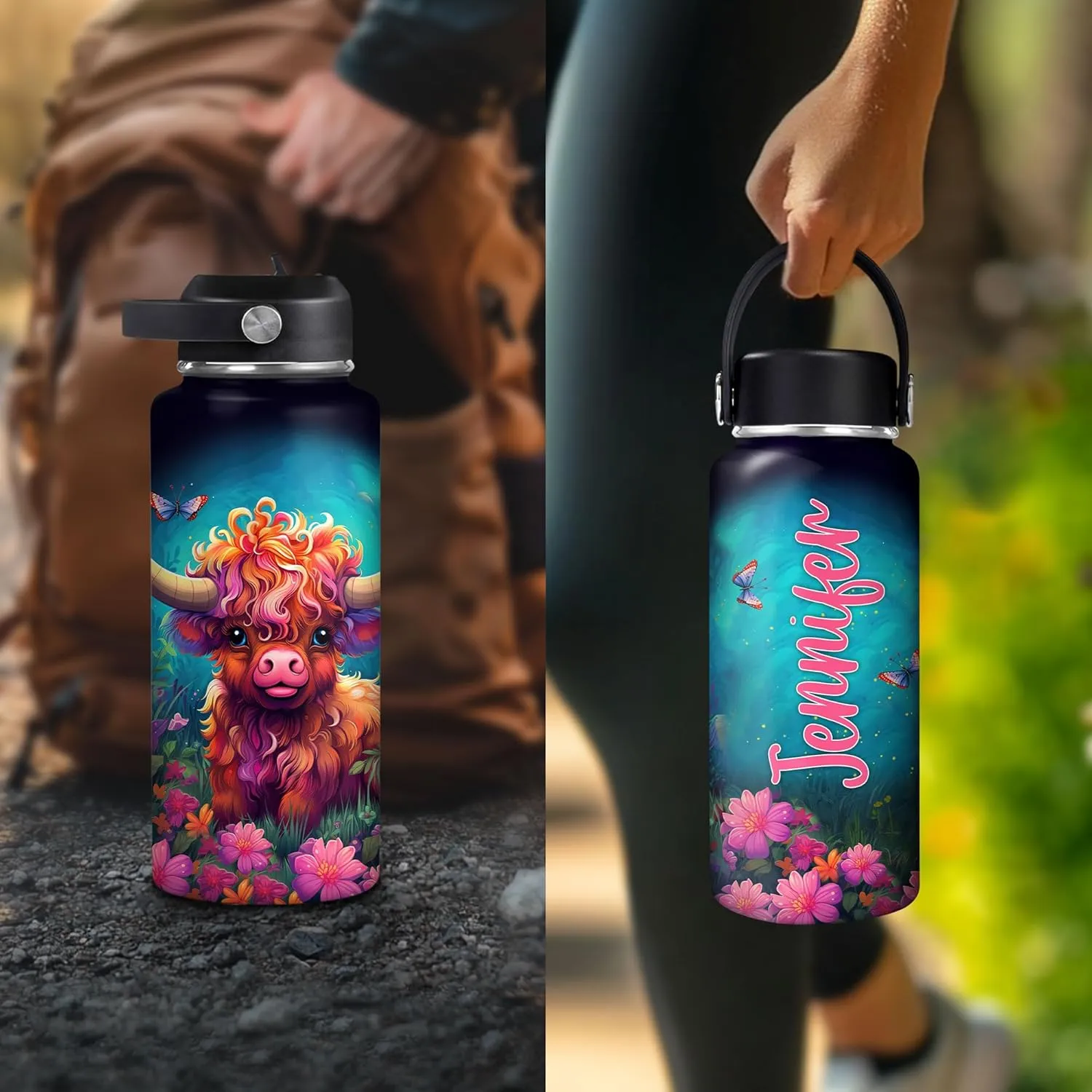 Hyturtle Personalized Highland Cow Water Bottle - Insulated Stainless Steel Bottle with Leak-Proof Lid 18oz 32oz - Highland Cow Gift for Women, Girls, Highland Cow Lovers - Birthday & Christmas Gift