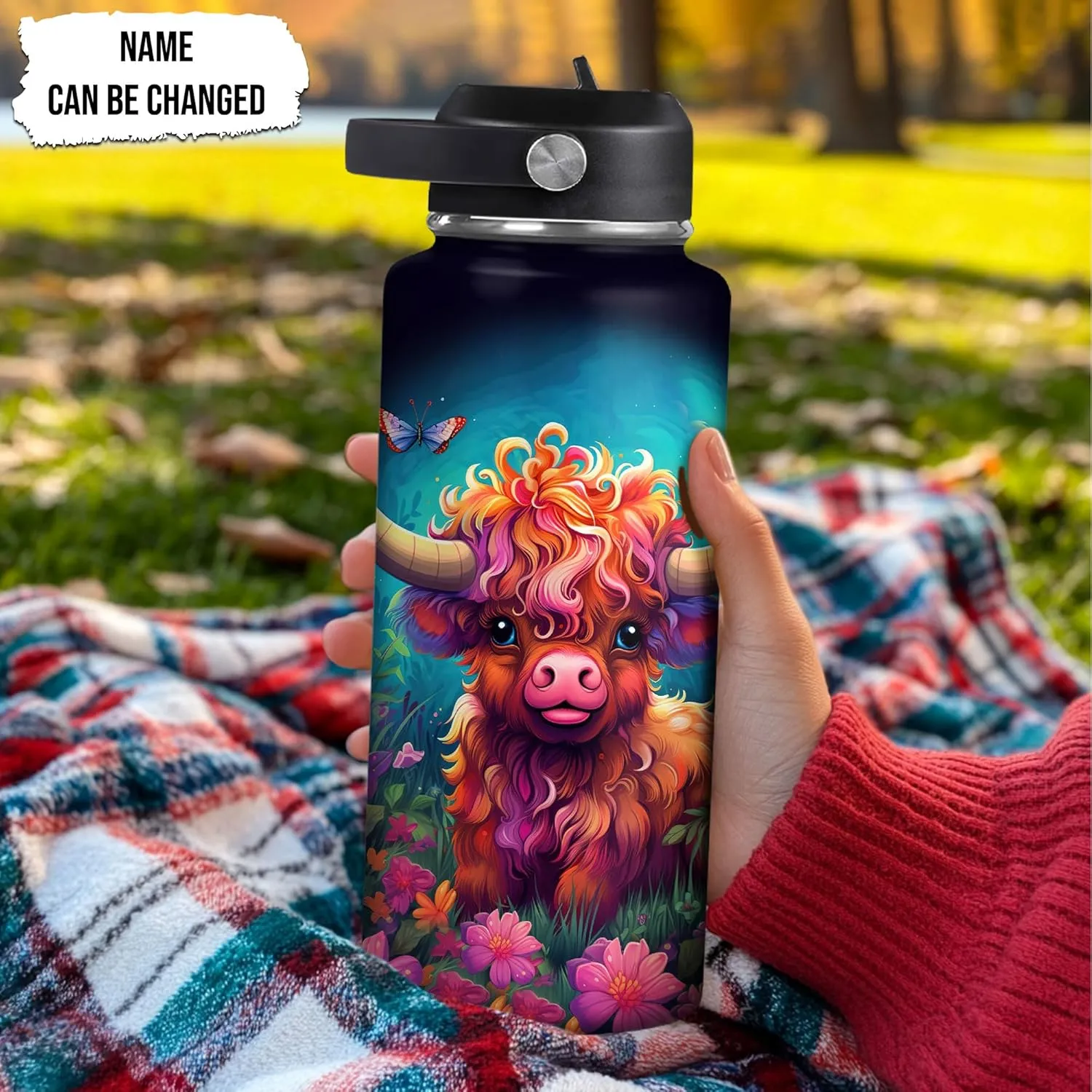Hyturtle Personalized Highland Cow Water Bottle - Insulated Stainless Steel Bottle with Leak-Proof Lid 18oz 32oz - Highland Cow Gift for Women, Girls, Highland Cow Lovers - Birthday & Christmas Gift
