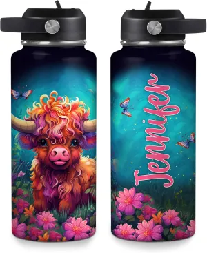 Hyturtle Personalized Highland Cow Water Bottle - Insulated Stainless Steel Bottle with Leak-Proof Lid 18oz 32oz - Highland Cow Gift for Women, Girls, Highland Cow Lovers - Birthday & Christmas Gift