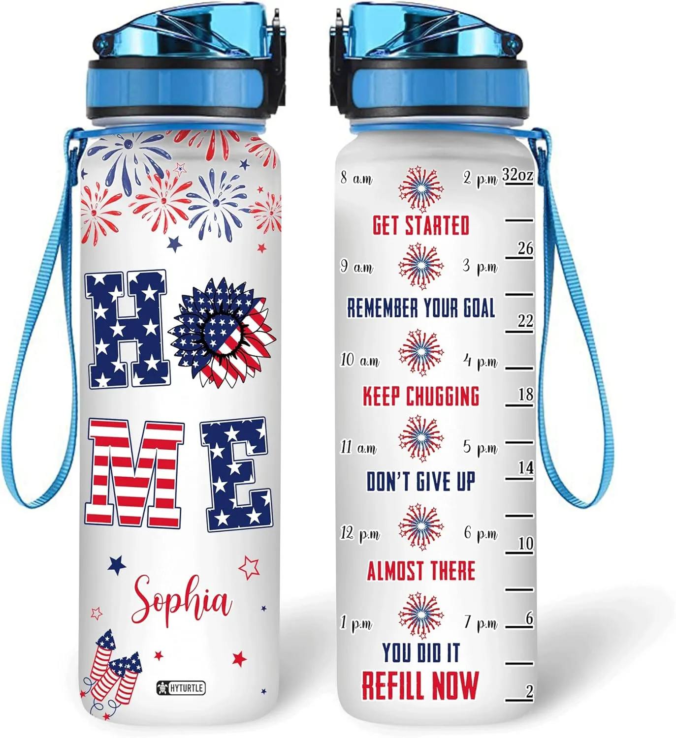 Hyturtle Personalized Home Firework USA Flag 32oz Liter Motivational Water Bottle, Customized Name With Time Marker, Gifts For Women Men On Birthday, Independence Day, 4th Of July