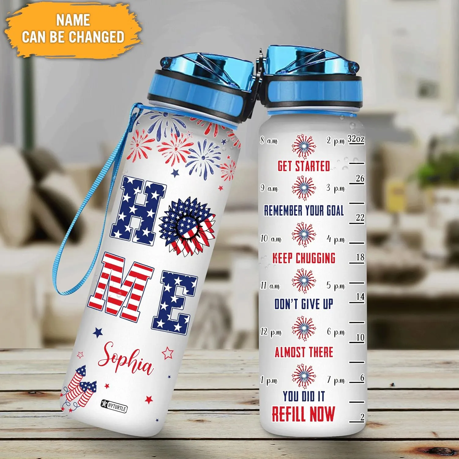 Hyturtle Personalized Home Firework USA Flag 32oz Liter Motivational Water Bottle, Customized Name With Time Marker, Gifts For Women Men On Birthday, Independence Day, 4th Of July