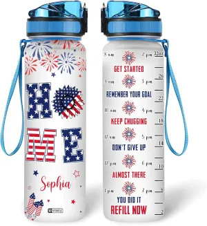 Hyturtle Personalized Home Firework USA Flag 32oz Liter Motivational Water Bottle, Customized Name With Time Marker, Gifts For Women Men On Birthday, Independence Day, 4th Of July