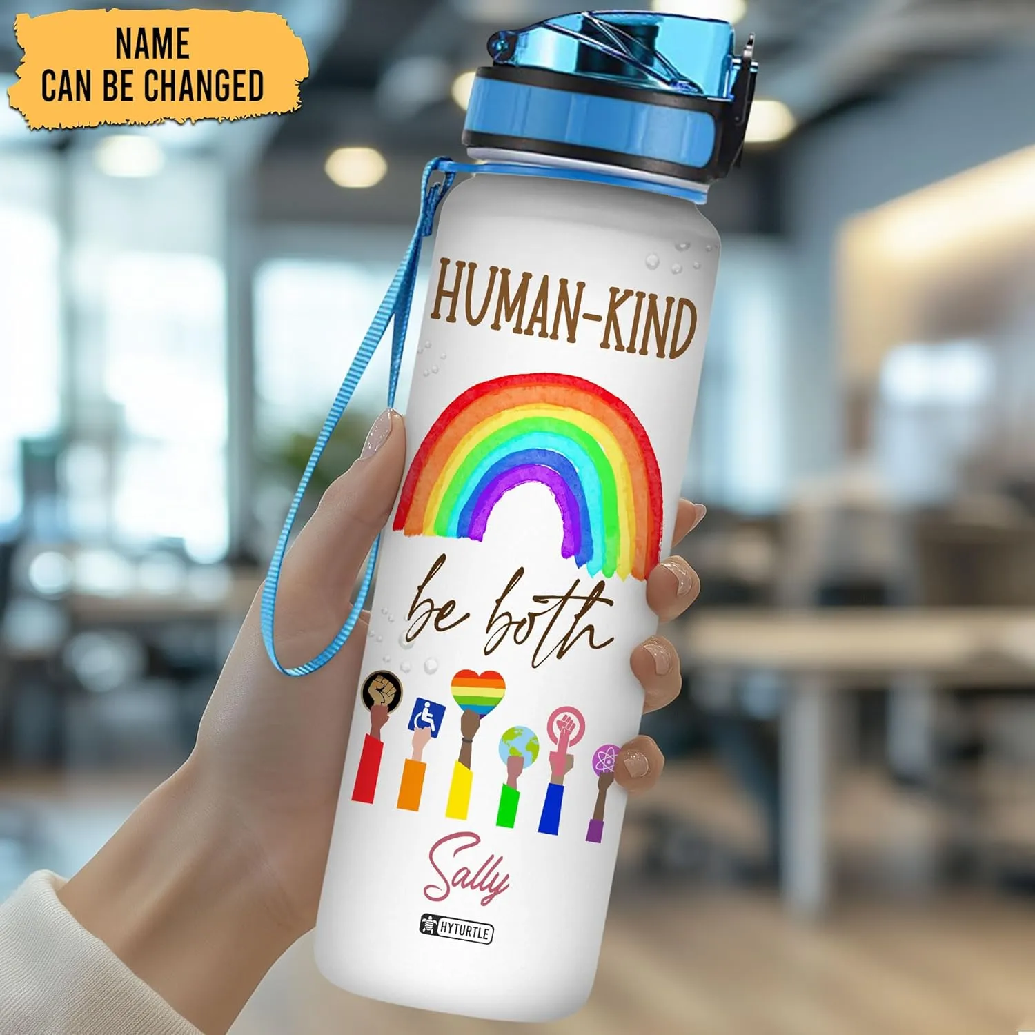 Hyturtle Personalized Humand Kind Be Both LGBT 32Oz Liter Motivational Water Bottle, Customized Name With Time Marker Gift For Women Men Gay Lesbian LGBT Lovers On Birthday Pride Day Anniversary