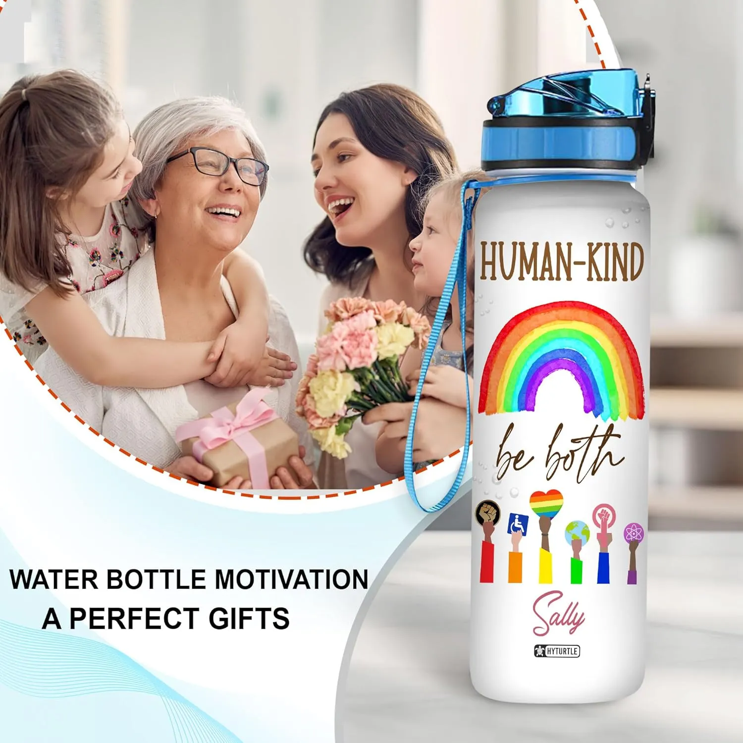 Hyturtle Personalized Humand Kind Be Both LGBT 32Oz Liter Motivational Water Bottle, Customized Name With Time Marker Gift For Women Men Gay Lesbian LGBT Lovers On Birthday Pride Day Anniversary