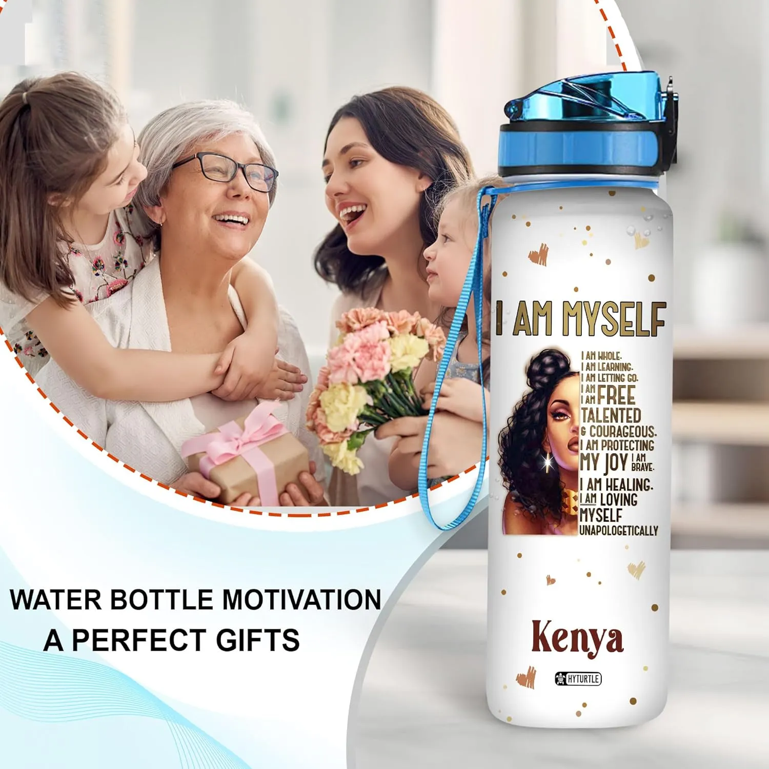Hyturtle Personalized I Am Myself Black Women 32Oz Liter Motivational Water Bottle, Customized Africa American Black Women With Time Marker, Gifts For Black Women, Girls On Birthday Mother's Day