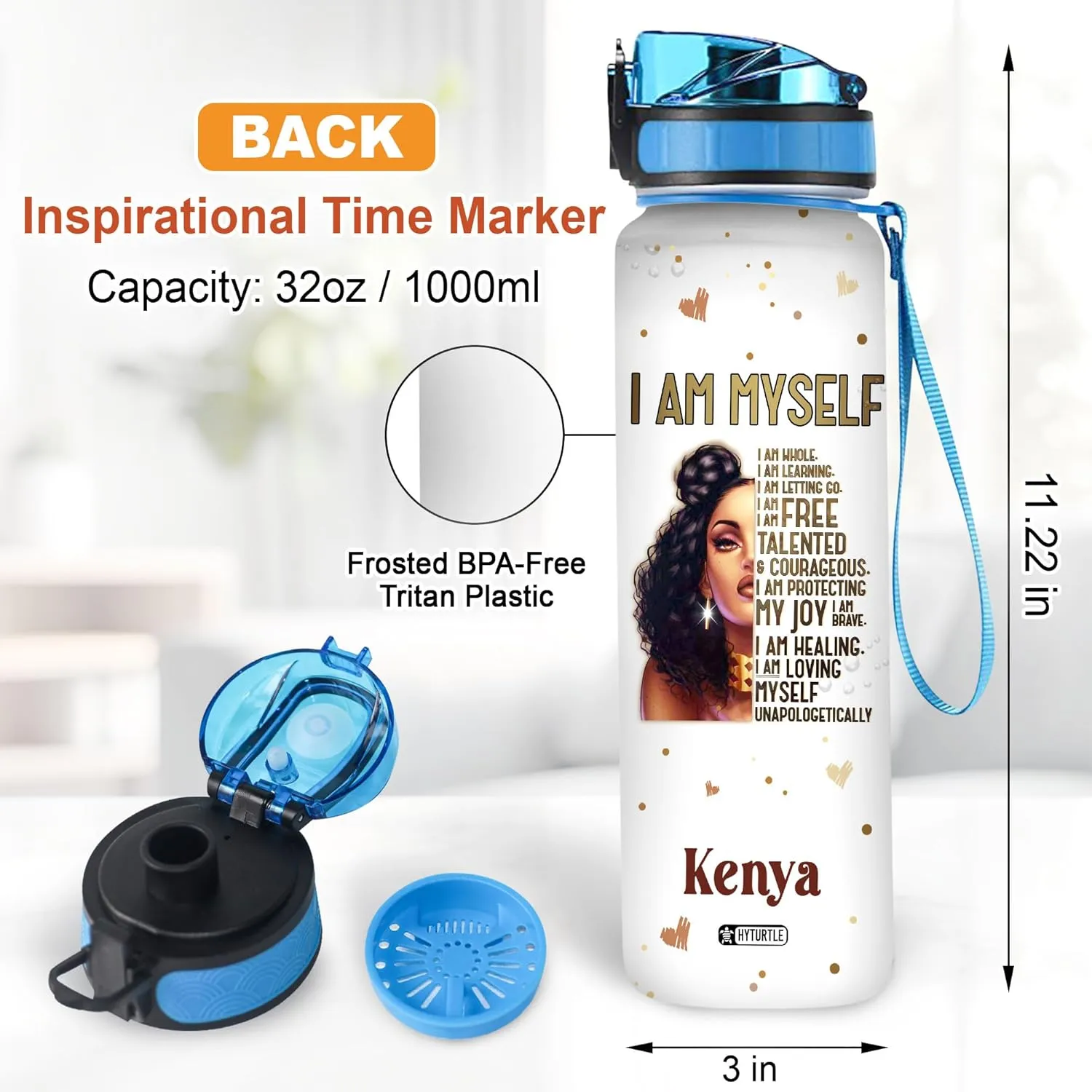 Hyturtle Personalized I Am Myself Black Women 32Oz Liter Motivational Water Bottle, Customized Africa American Black Women With Time Marker, Gifts For Black Women, Girls On Birthday Mother's Day