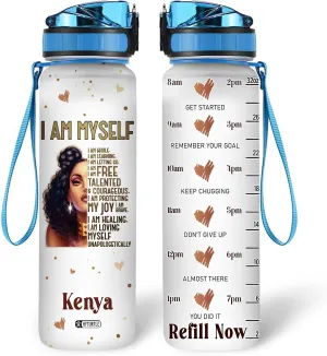 Hyturtle Personalized I Am Myself Black Women 32Oz Liter Motivational Water Bottle, Customized Africa American Black Women With Time Marker, Gifts For Black Women, Girls On Birthday Mother's Day