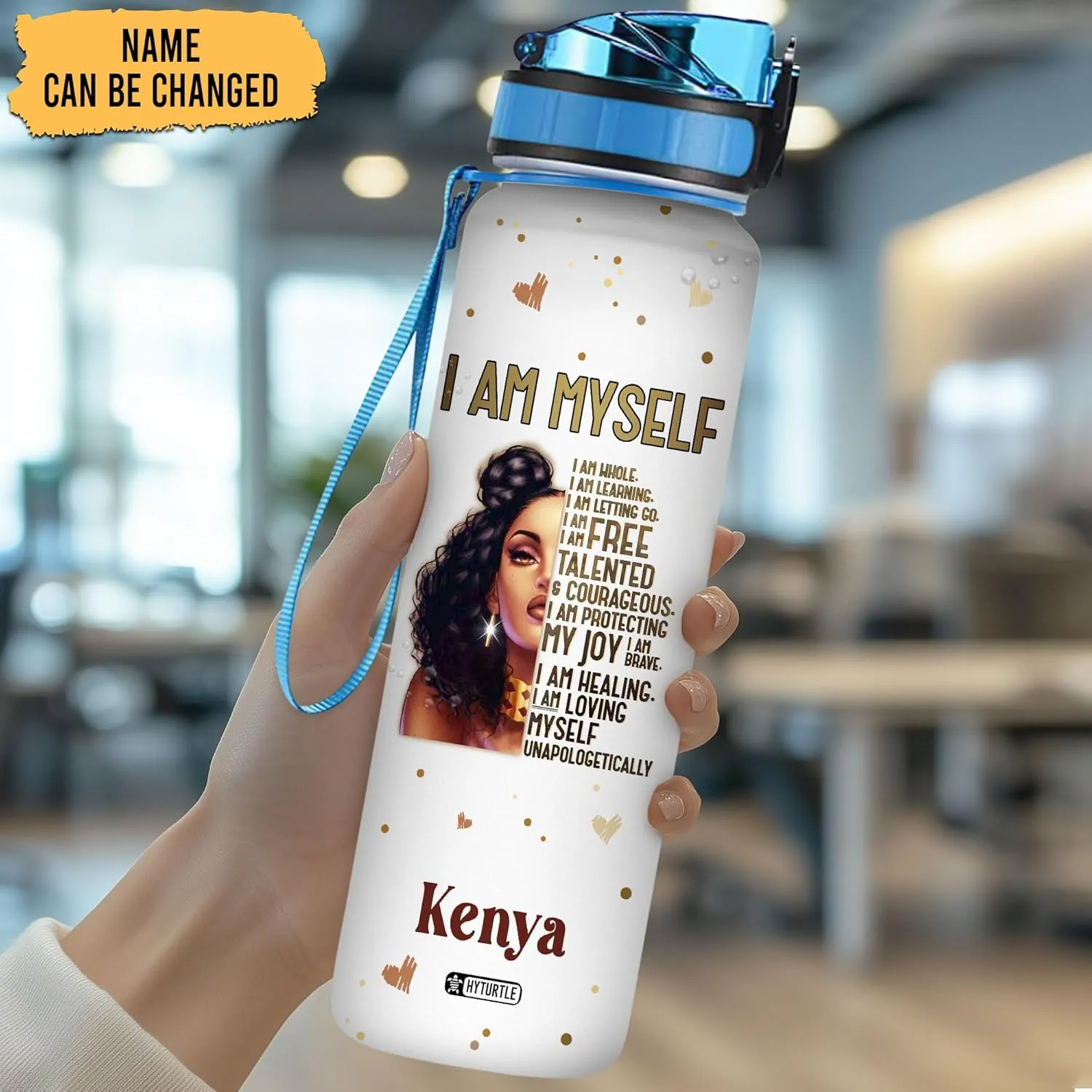 Hyturtle Personalized I Am Myself Black Women 32Oz Liter Motivational Water Bottle, Customized Africa American Black Women With Time Marker, Gifts For Black Women, Girls On Birthday Mother's Day