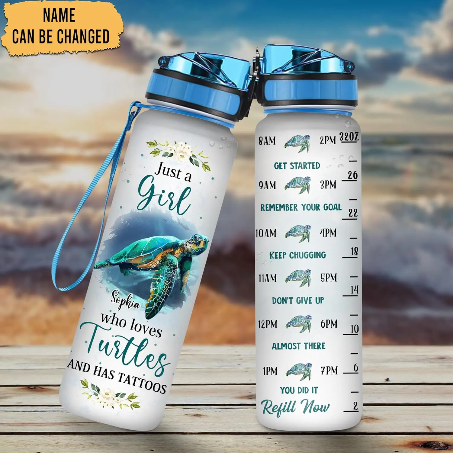 Hyturtle Personalized Just A Girl Who Love Turtle 32oz 1Liter Motivational Water Bottle, Customized Name Tracker Water Bottle With Time Marker Gifts For Women, Gifts For Turtle Lovers On Birthday