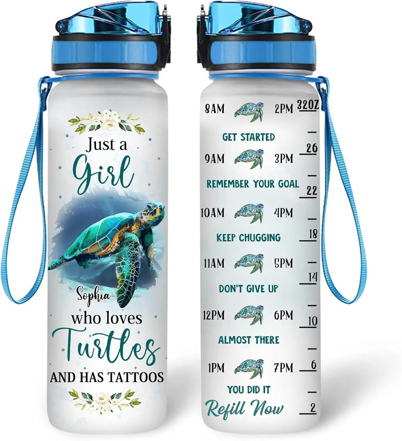 Hyturtle Personalized Just A Girl Who Love Turtle 32oz 1Liter Motivational Water Bottle, Customized Name Tracker Water Bottle With Time Marker Gifts For Women, Gifts For Turtle Lovers On Birthday