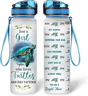 Hyturtle Personalized Just A Girl Who Love Turtle 32oz 1Liter Motivational Water Bottle, Customized Name Tracker Water Bottle With Time Marker Gifts For Women, Gifts For Turtle Lovers On Birthday