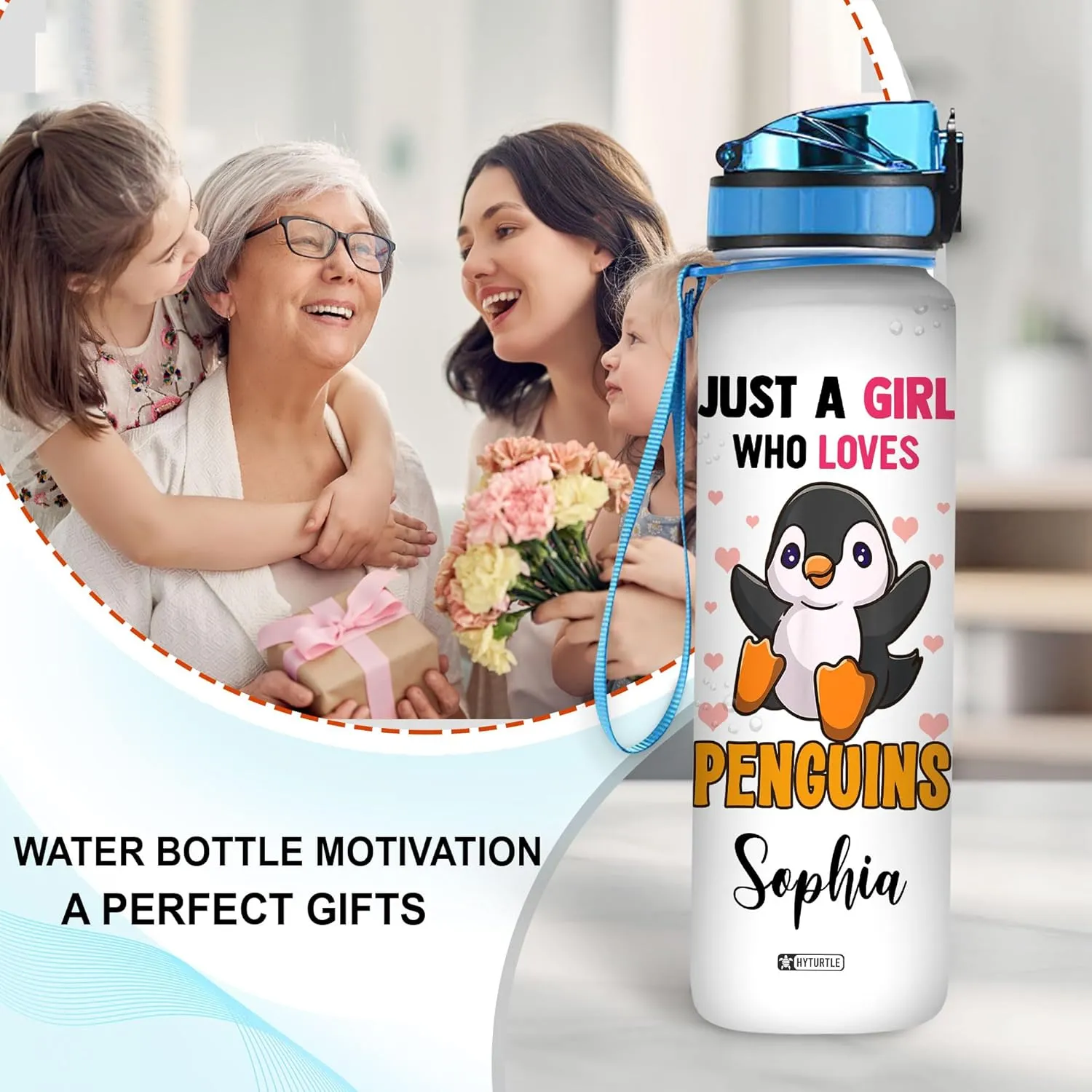 Hyturtle Personalized Just A Girl Who Loves Penguin 32oz Liter Motivational Water Bottle, Customized Name Tracking Water Bottle Gifts For Women Girls Kids Penguin Lovers On Birthday Mother's Day