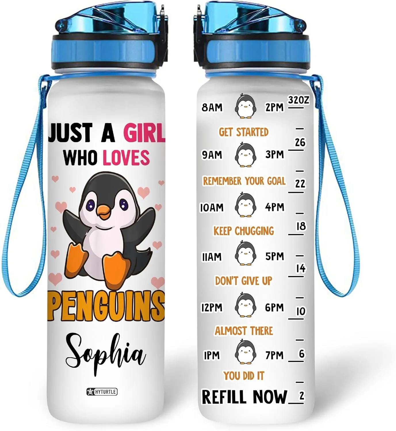 Hyturtle Personalized Just A Girl Who Loves Penguin 32oz Liter Motivational Water Bottle, Customized Name Tracking Water Bottle Gifts For Women Girls Kids Penguin Lovers On Birthday Mother's Day