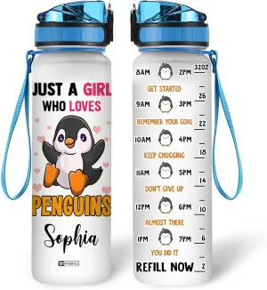 Hyturtle Personalized Just A Girl Who Loves Penguin 32oz Liter Motivational Water Bottle, Customized Name Tracking Water Bottle Gifts For Women Girls Kids Penguin Lovers On Birthday Mother's Day
