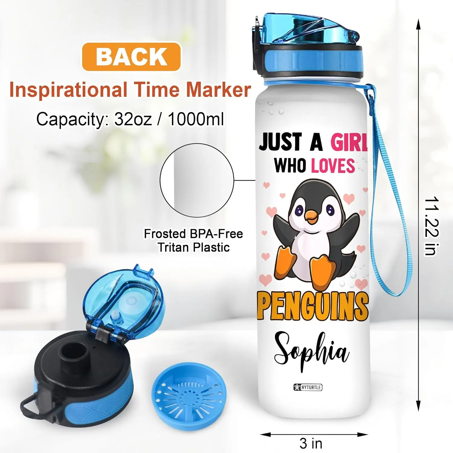 Hyturtle Personalized Just A Girl Who Loves Penguin 32oz Liter Motivational Water Bottle, Customized Name Tracking Water Bottle Gifts For Women Girls Kids Penguin Lovers On Birthday Mother's Day