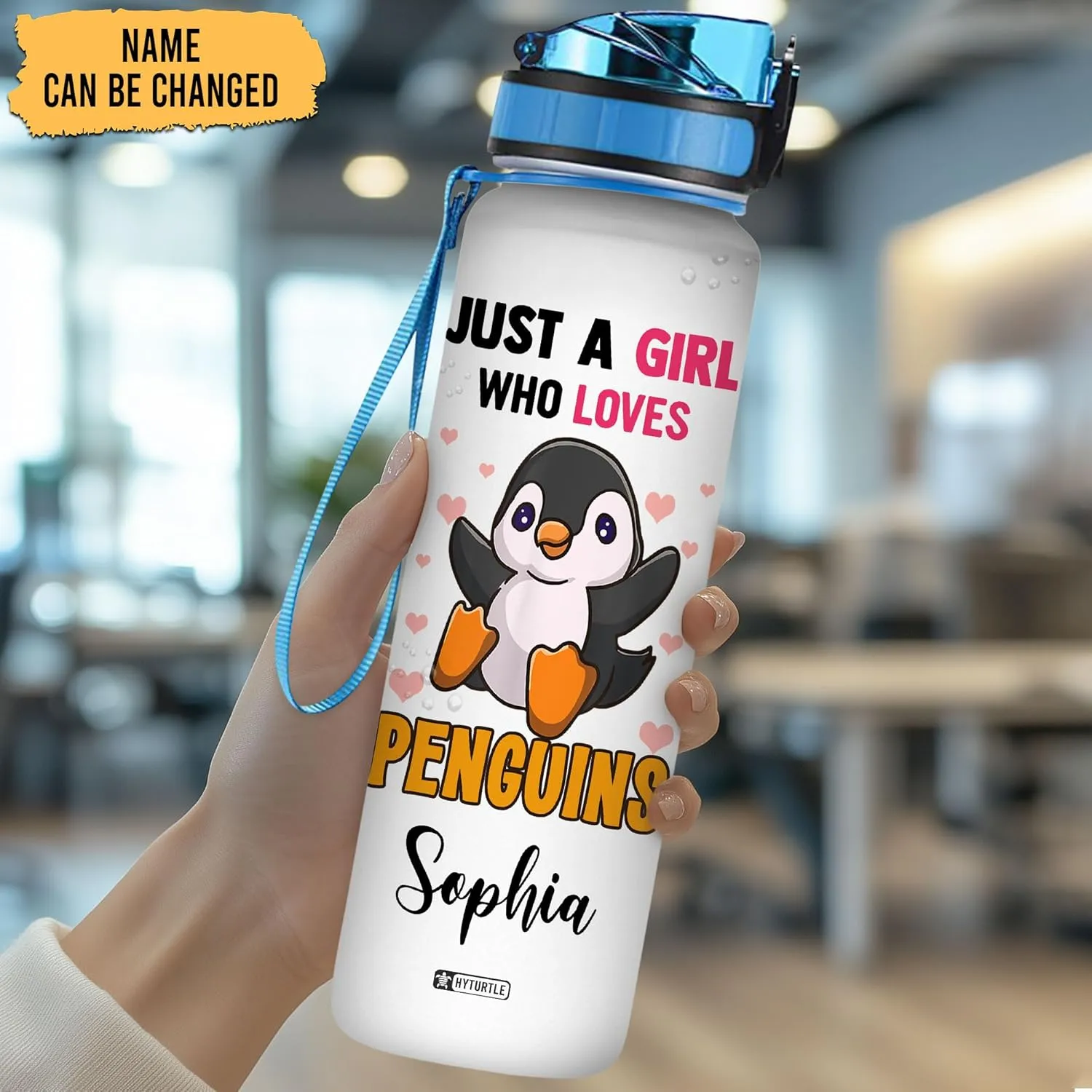 Hyturtle Personalized Just A Girl Who Loves Penguin 32oz Liter Motivational Water Bottle, Customized Name Tracking Water Bottle Gifts For Women Girls Kids Penguin Lovers On Birthday Mother's Day