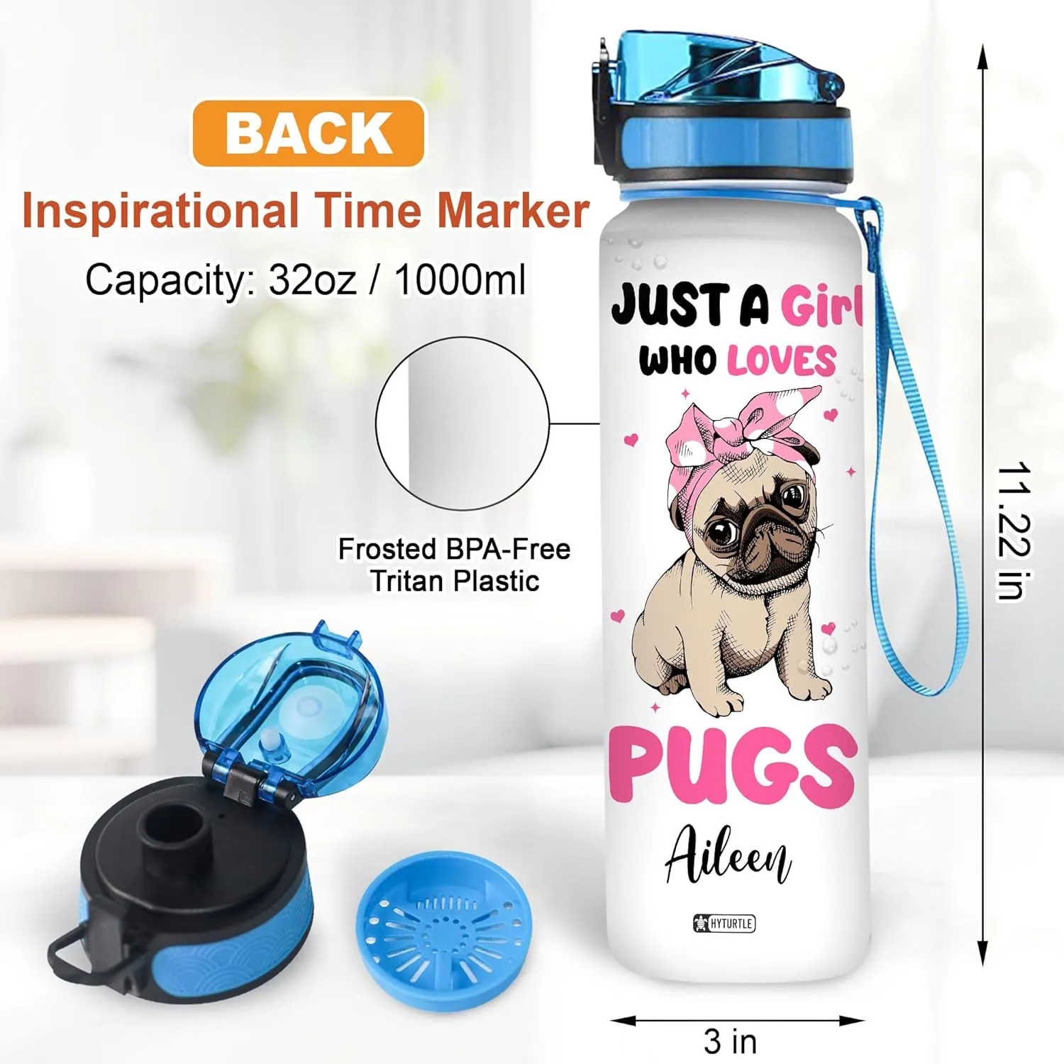 Hyturtle Personalized Just A Girl Who Loves Pugs 32Oz Liter Motivational Water Bottle, Customized Name With Time Marker, Gifts For Women Girls Family Dog Lovers Pug Lovers On Birthday Mother's Day