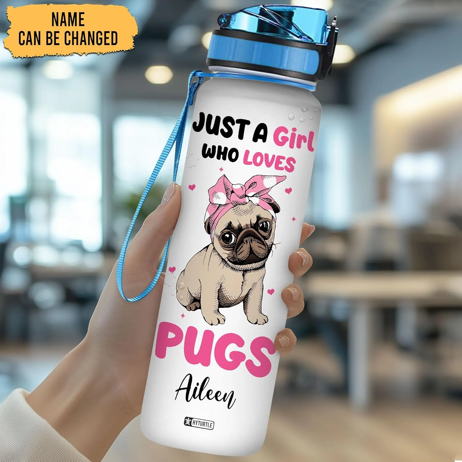 Hyturtle Personalized Just A Girl Who Loves Pugs 32Oz Liter Motivational Water Bottle, Customized Name With Time Marker, Gifts For Women Girls Family Dog Lovers Pug Lovers On Birthday Mother's Day