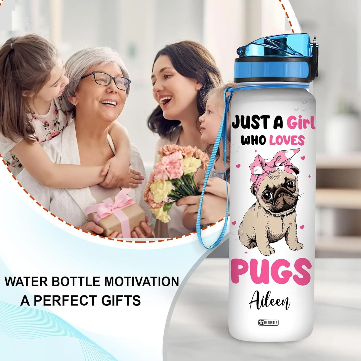 Hyturtle Personalized Just A Girl Who Loves Pugs 32Oz Liter Motivational Water Bottle, Customized Name With Time Marker, Gifts For Women Girls Family Dog Lovers Pug Lovers On Birthday Mother's Day