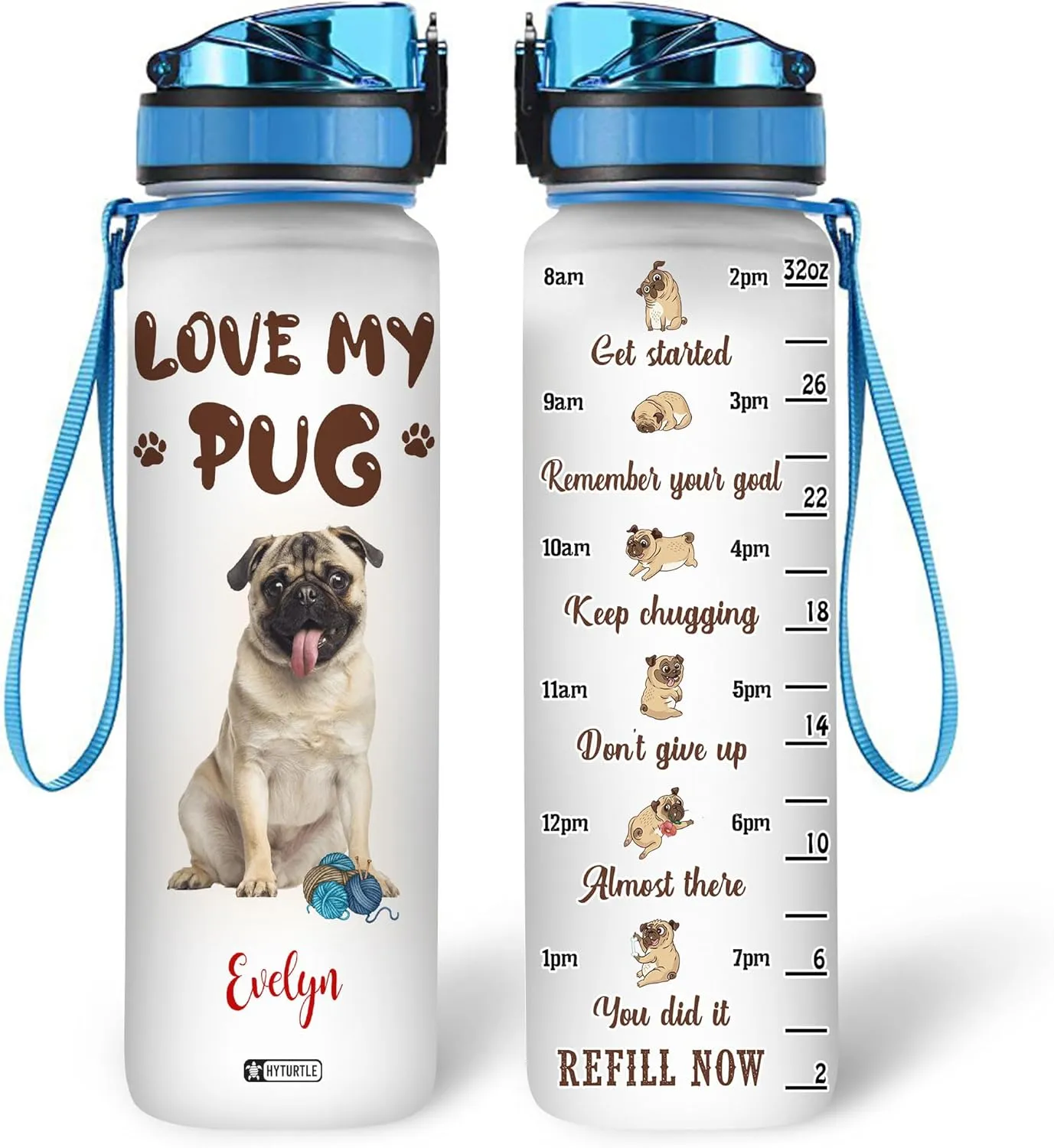 Hyturtle Personalized Love My Pug 32Oz Liter Motivational Water Bottle, Customized Name With Time Marker, Gifts For Women Men Family Friends Dog Lovers Pug Lovers On Birthday Mother's Day