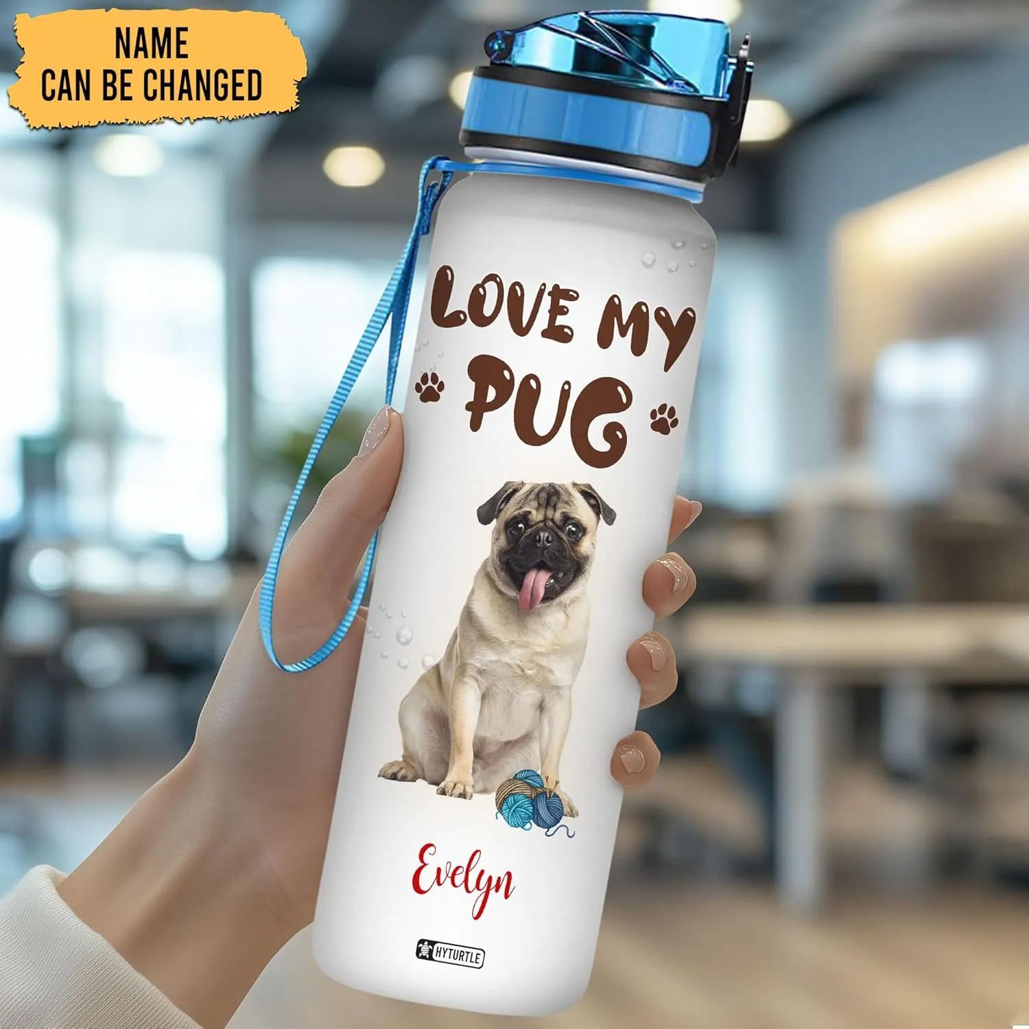 Hyturtle Personalized Love My Pug 32Oz Liter Motivational Water Bottle, Customized Name With Time Marker, Gifts For Women Men Family Friends Dog Lovers Pug Lovers On Birthday Mother's Day