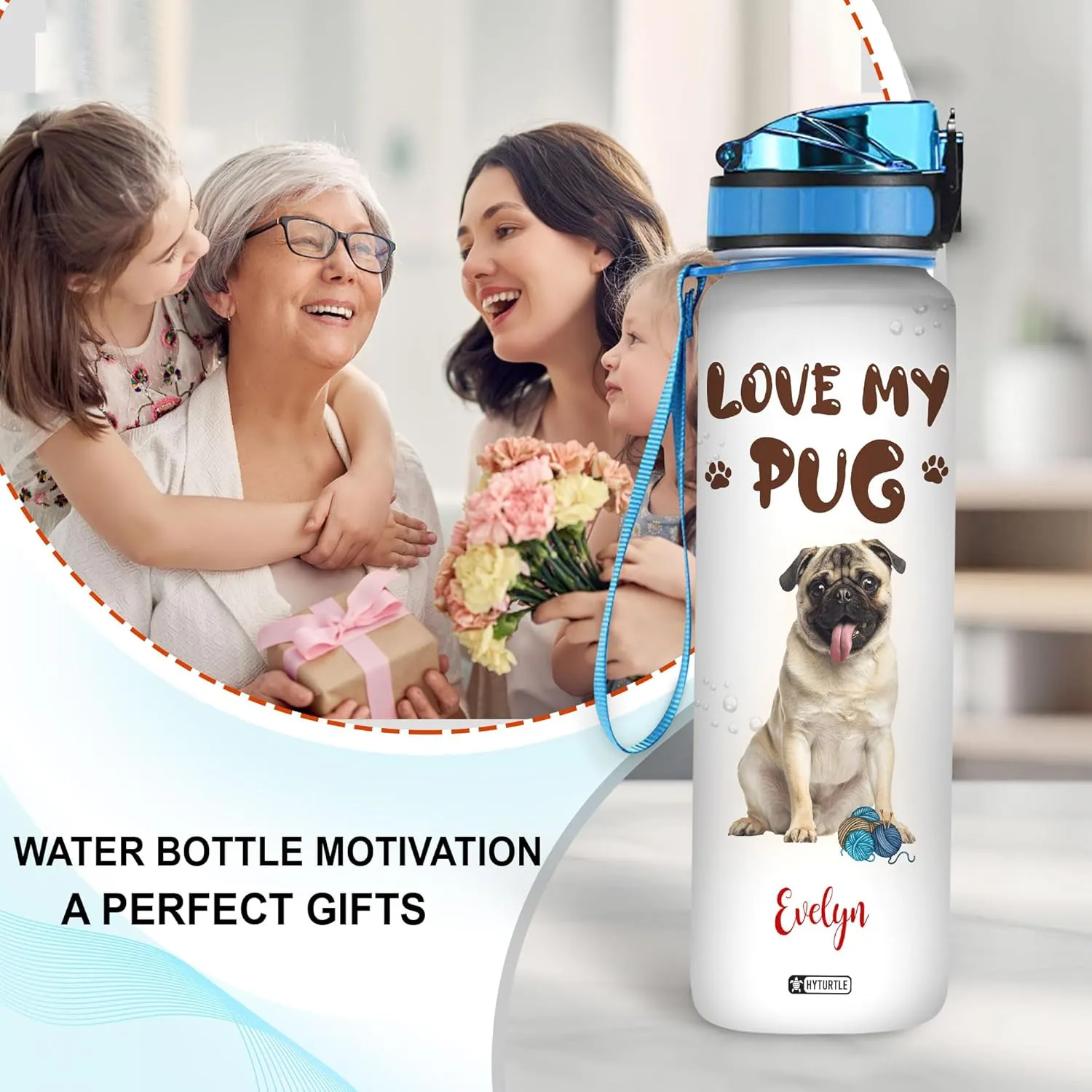Hyturtle Personalized Love My Pug 32Oz Liter Motivational Water Bottle, Customized Name With Time Marker, Gifts For Women Men Family Friends Dog Lovers Pug Lovers On Birthday Mother's Day