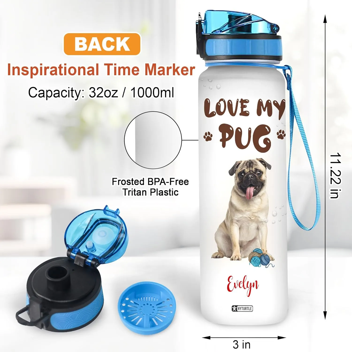 Hyturtle Personalized Love My Pug 32Oz Liter Motivational Water Bottle, Customized Name With Time Marker, Gifts For Women Men Family Friends Dog Lovers Pug Lovers On Birthday Mother's Day
