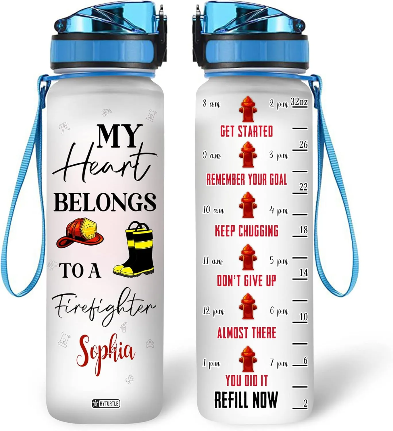 Hyturtle Personalized My Heart Belongs To A Firefighter 32oz Liter Motivational Water Bottle, Customized Name With Time Marker, Gifts For Men Dad Firefighter Fireman On Birthday Father's Day