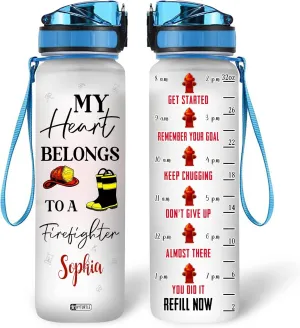 Hyturtle Personalized My Heart Belongs To A Firefighter 32oz Liter Motivational Water Bottle, Customized Name With Time Marker, Gifts For Men Dad Firefighter Fireman On Birthday Father's Day