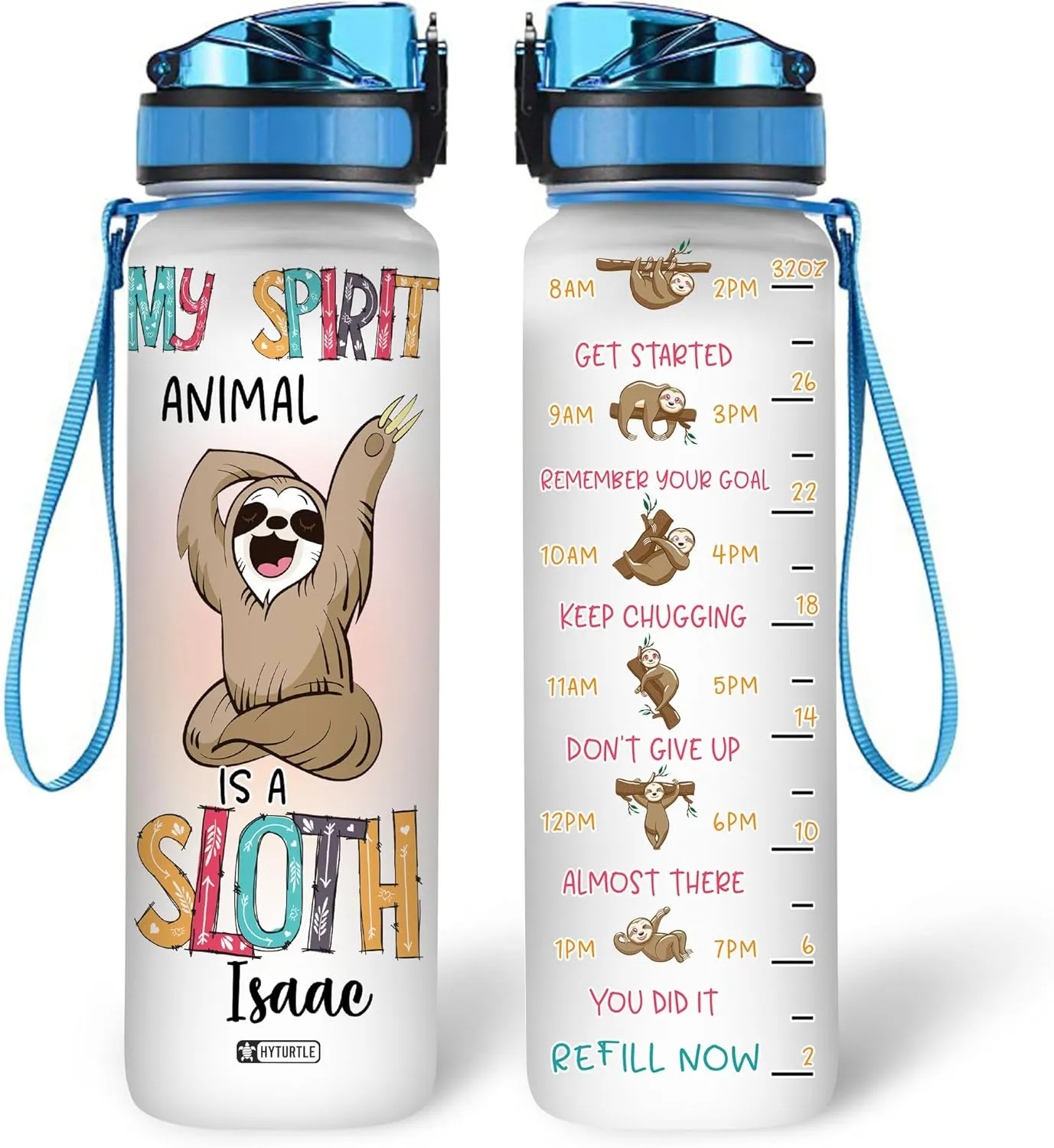 Hyturtle Personalized My Spirit Animal Is A Sloth 32oz Liter Motivational Water Bottle, Customized Name Tracking Water Bottle Gifts For Women, Friend, Teen, Sloth Lover On Birthday, Mother's Day