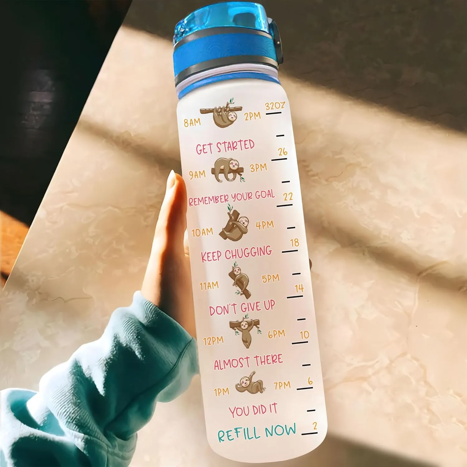 Hyturtle Personalized My Spirit Animal Is A Sloth 32oz Liter Motivational Water Bottle, Customized Name Tracking Water Bottle Gifts For Women, Friend, Teen, Sloth Lover On Birthday, Mother's Day