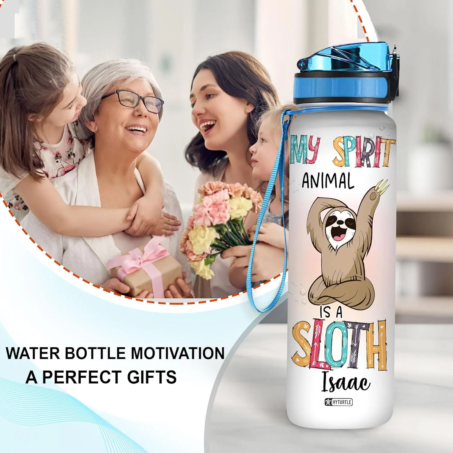 Hyturtle Personalized My Spirit Animal Is A Sloth 32oz Liter Motivational Water Bottle, Customized Name Tracking Water Bottle Gifts For Women, Friend, Teen, Sloth Lover On Birthday, Mother's Day