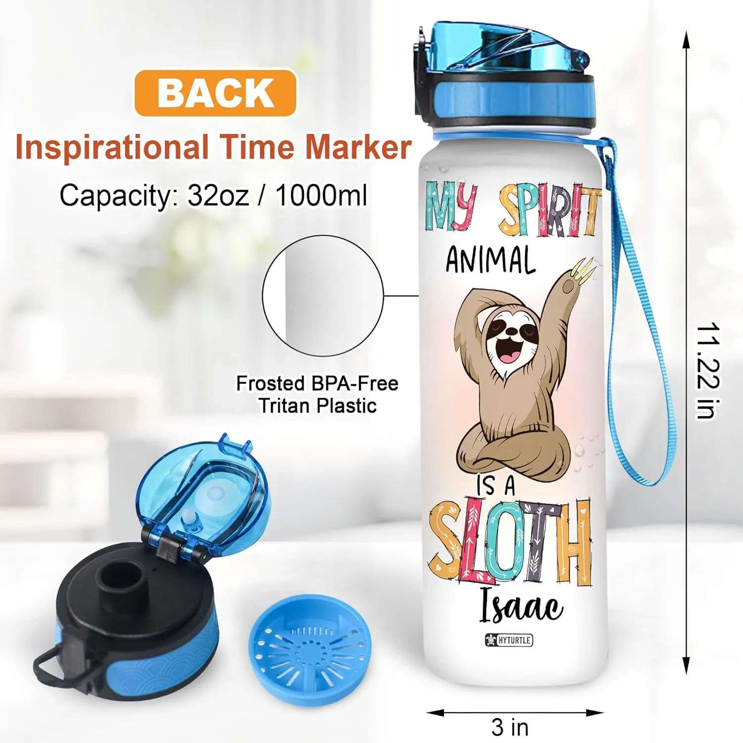 Hyturtle Personalized My Spirit Animal Is A Sloth 32oz Liter Motivational Water Bottle, Customized Name Tracking Water Bottle Gifts For Women, Friend, Teen, Sloth Lover On Birthday, Mother's Day