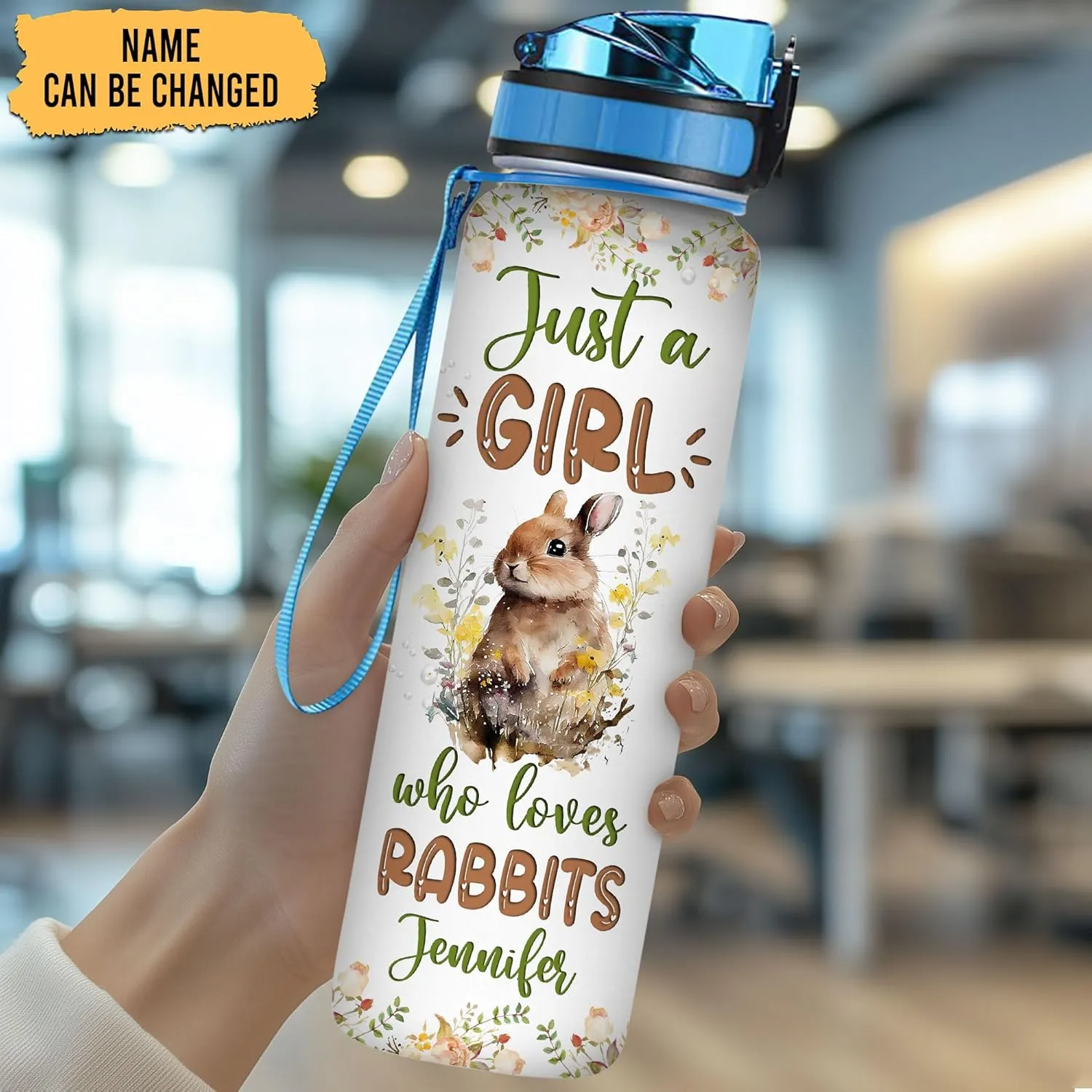 Hyturtle Personalized Rabbit Lovers 32 Oz 1Liter Motivational Water Bottle With Time Marker, Just A Girl Who Loves Rabbits, Animal Lovers Gifts For Women, Girl On Birthday, Christmas