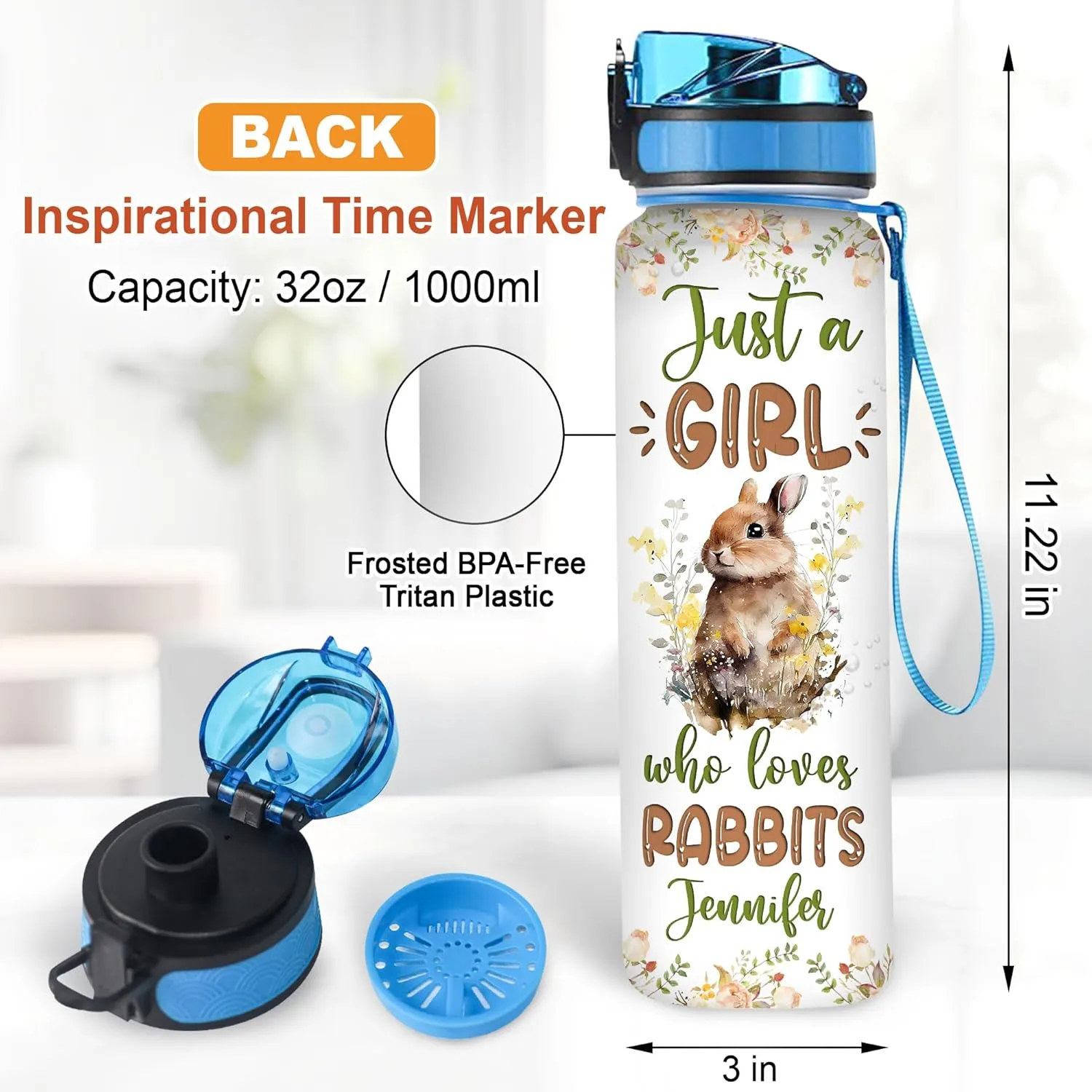 Hyturtle Personalized Rabbit Lovers 32 Oz 1Liter Motivational Water Bottle With Time Marker, Just A Girl Who Loves Rabbits, Animal Lovers Gifts For Women, Girl On Birthday, Christmas
