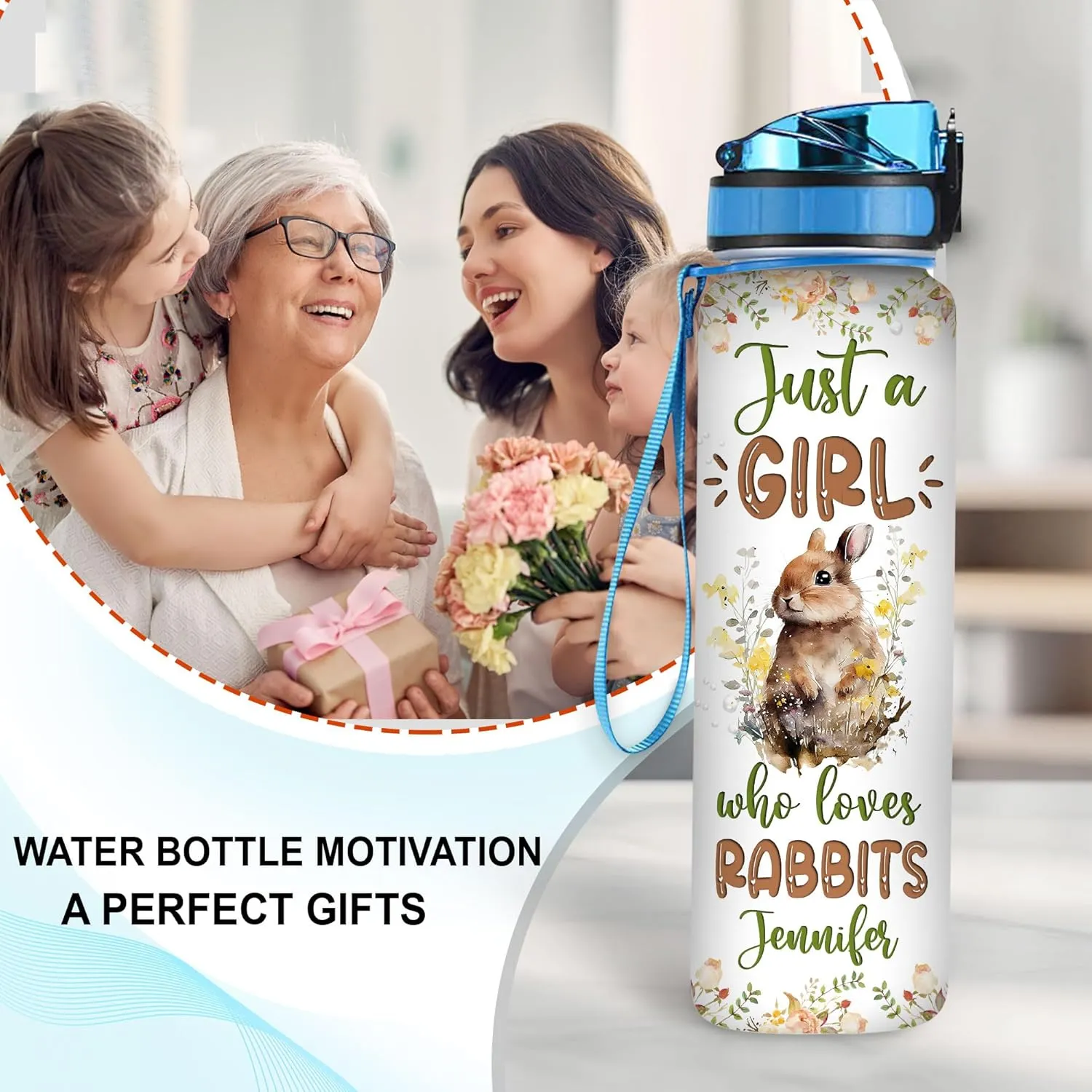 Hyturtle Personalized Rabbit Lovers 32 Oz 1Liter Motivational Water Bottle With Time Marker, Just A Girl Who Loves Rabbits, Animal Lovers Gifts For Women, Girl On Birthday, Christmas