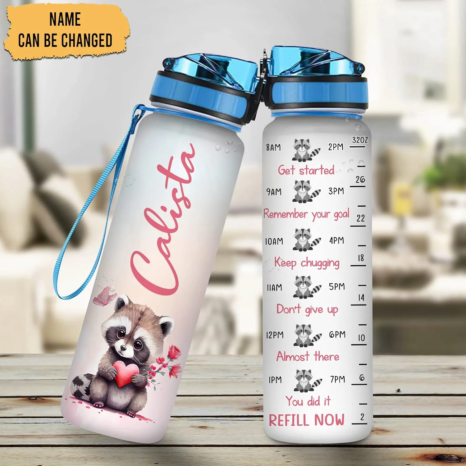 Hyturtle Personalized Raccoon Lovers Water Bottle - 32 Oz 1Liter Motivational Bottle With Time Marker, Cute Raccoons Custom Name, Gift For Animal Lovers, Women, Girls on Birthday, Mothers Day