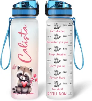 Hyturtle Personalized Raccoon Lovers Water Bottle - 32 Oz 1Liter Motivational Bottle With Time Marker, Cute Raccoons Custom Name, Gift For Animal Lovers, Women, Girls on Birthday, Mothers Day